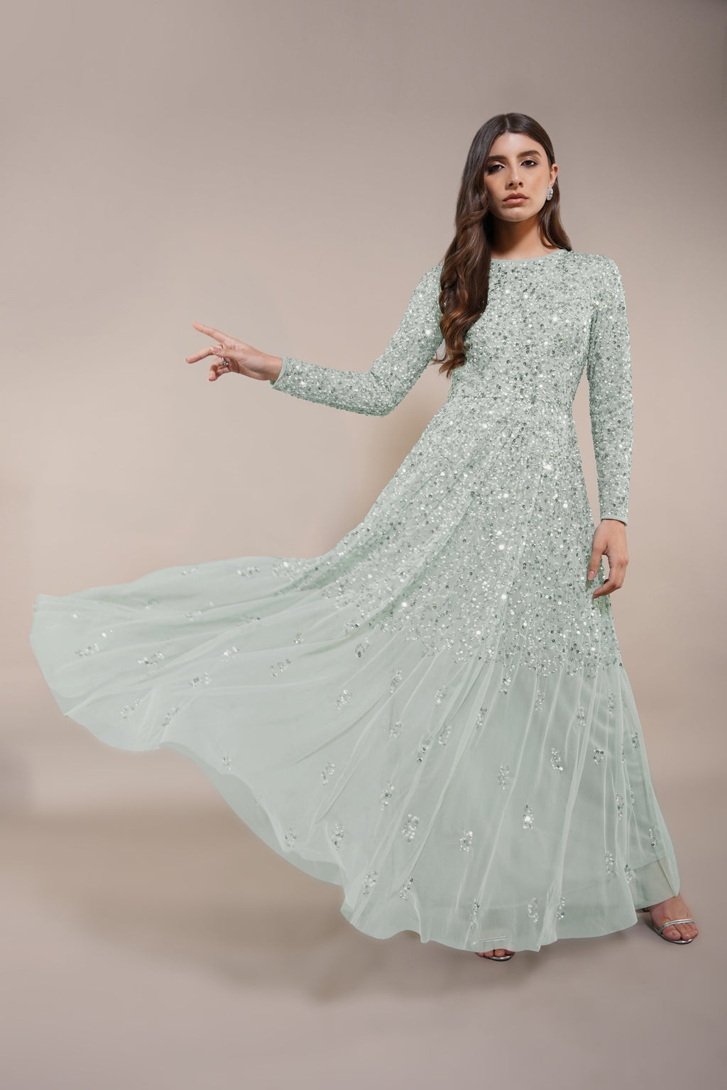 Sila Long Sleeve Embellished Maxi Dress in Sage Green