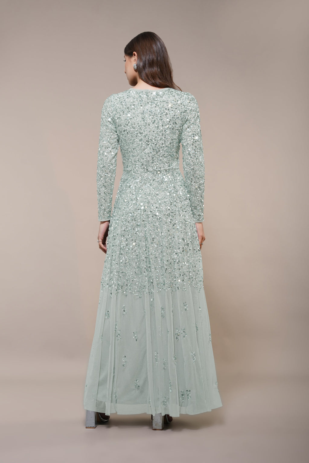 Sila Long Sleeve Embellished Maxi Dress in Sage Green
