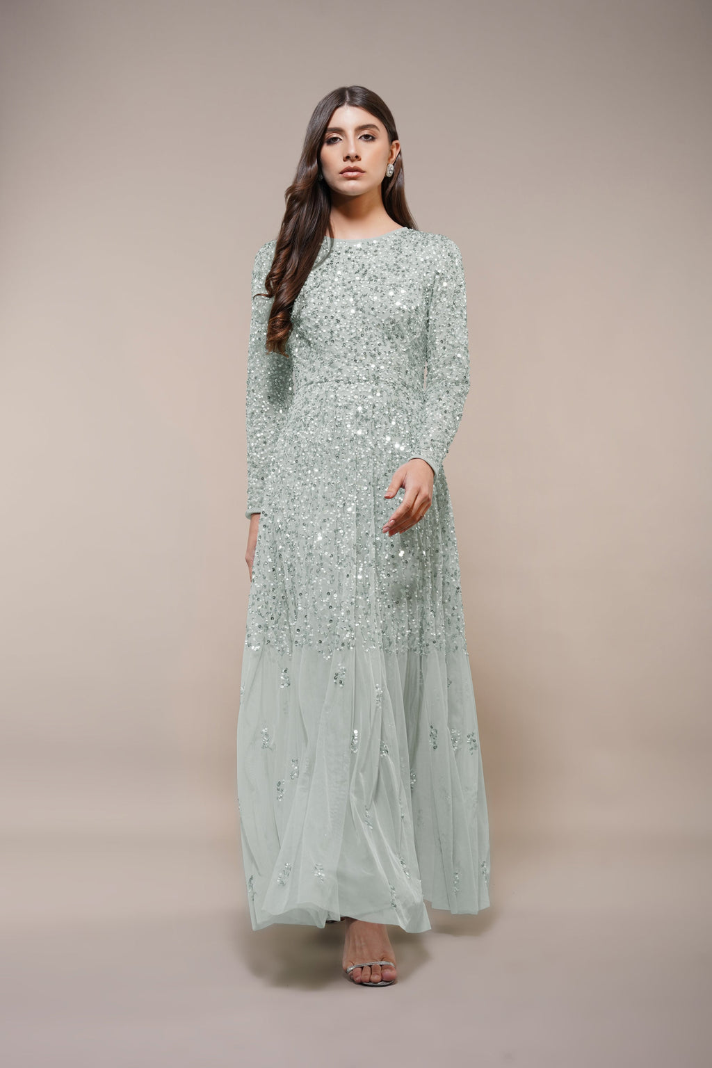 Sila Long Sleeve Embellished Maxi Dress in Sage Green