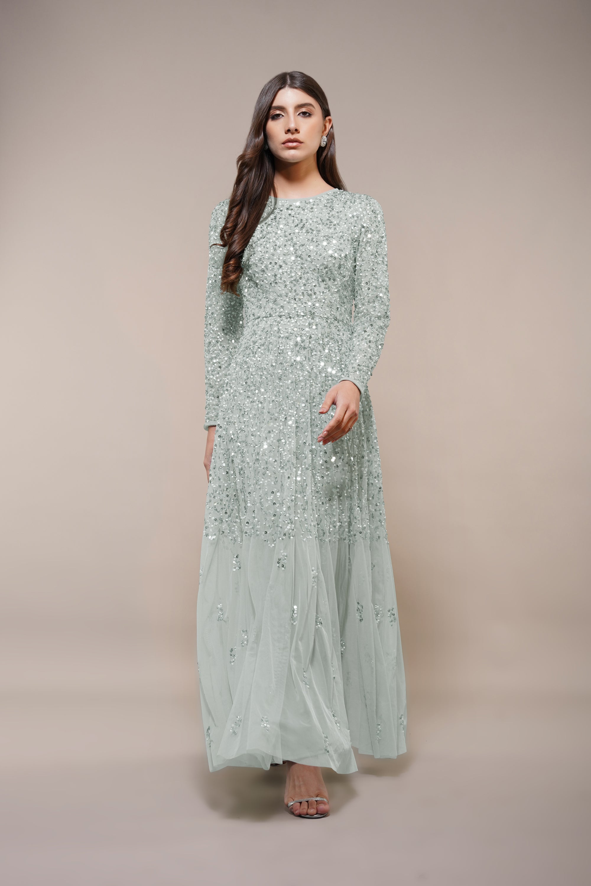 Sila Long Sleeve Embellished Maxi Dress in Sage Green