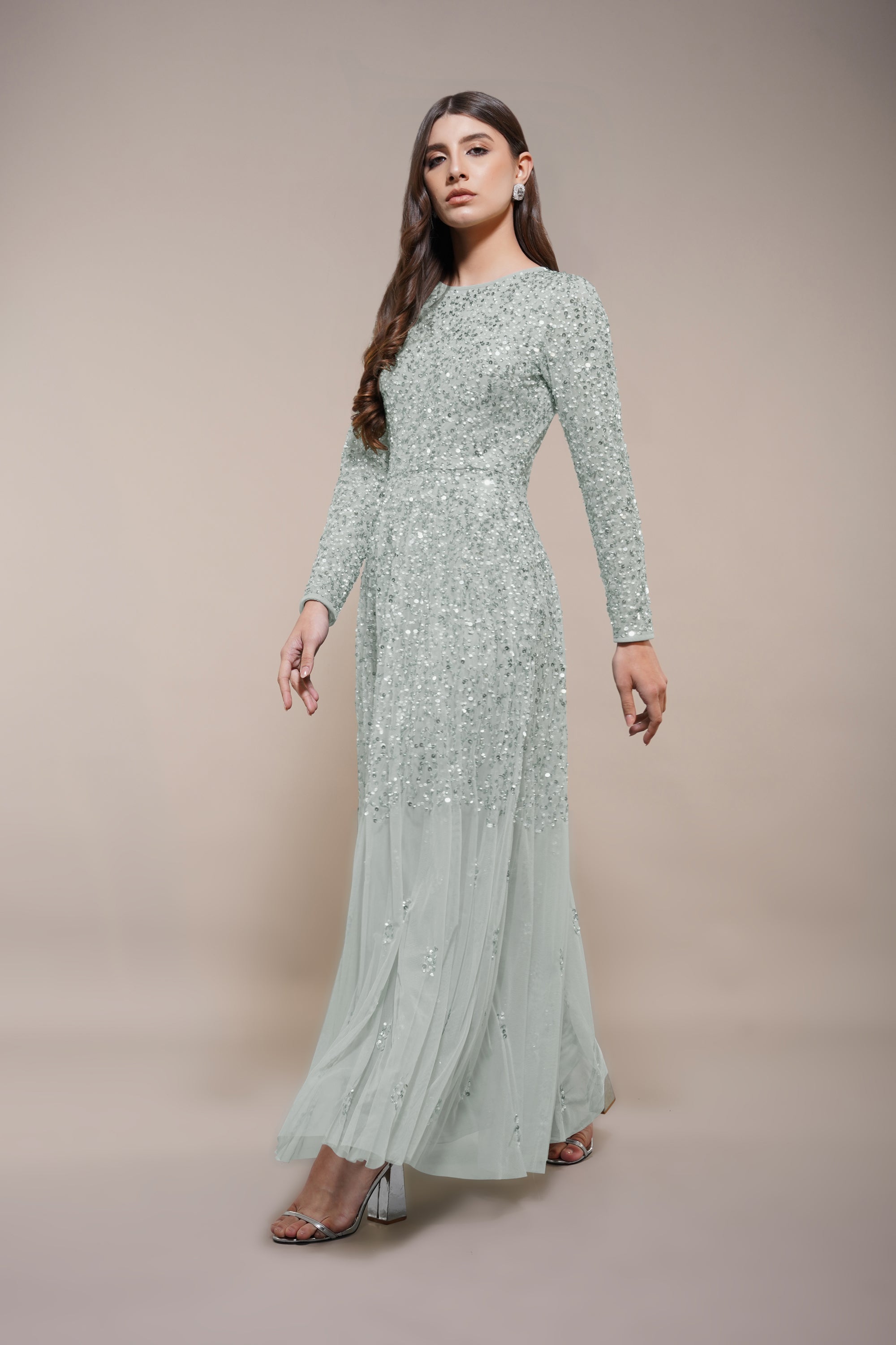 Sila Long Sleeve Embellished Maxi Dress in Sage Green