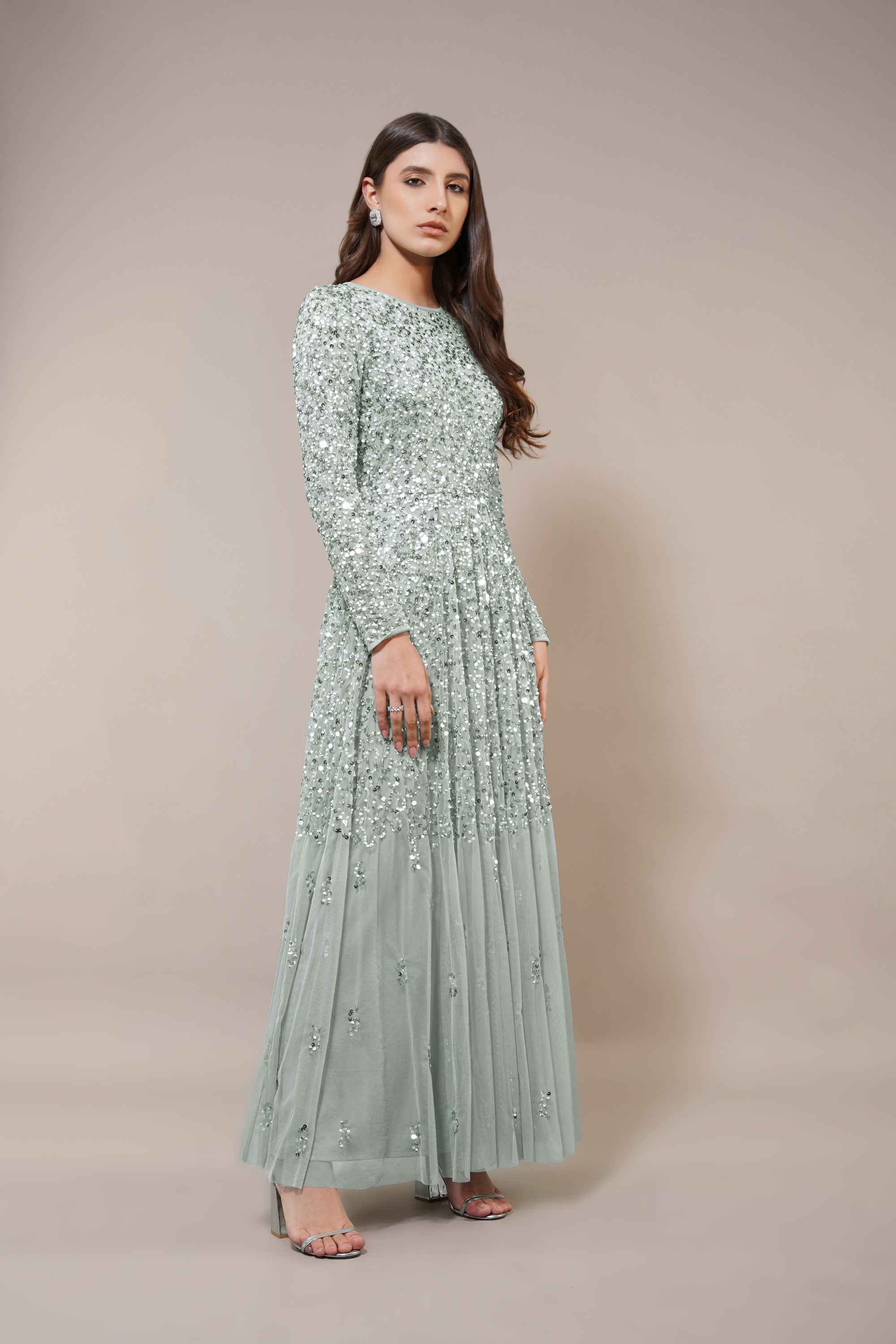 Sila Long Sleeve Embellished Maxi Dress in Sage Green