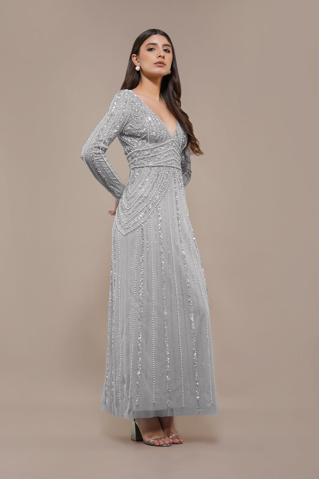 Cordelia Embellished Maxi Dress in Light Grey
