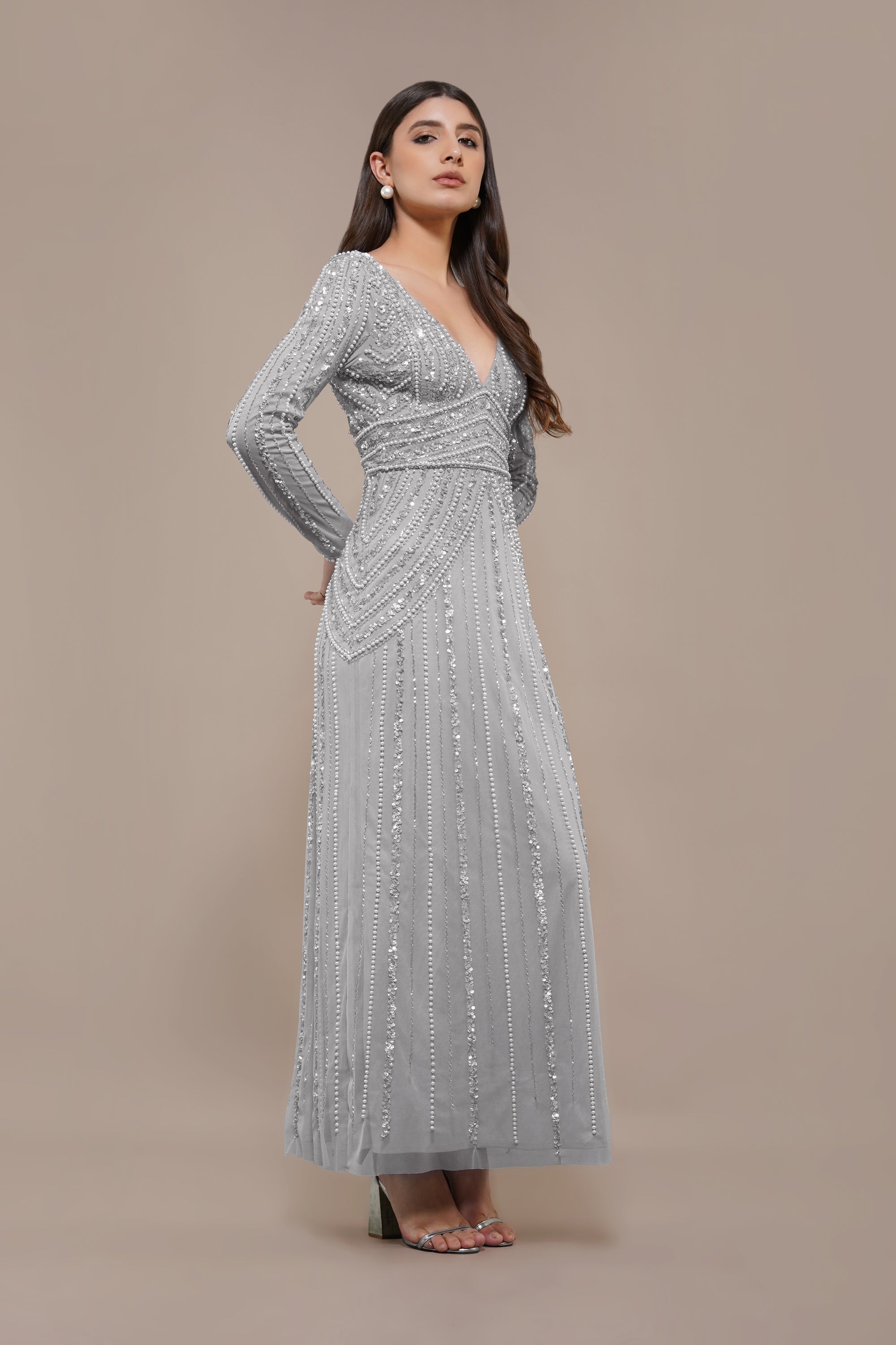 Cordelia Embellished Maxi Dress in Light Grey