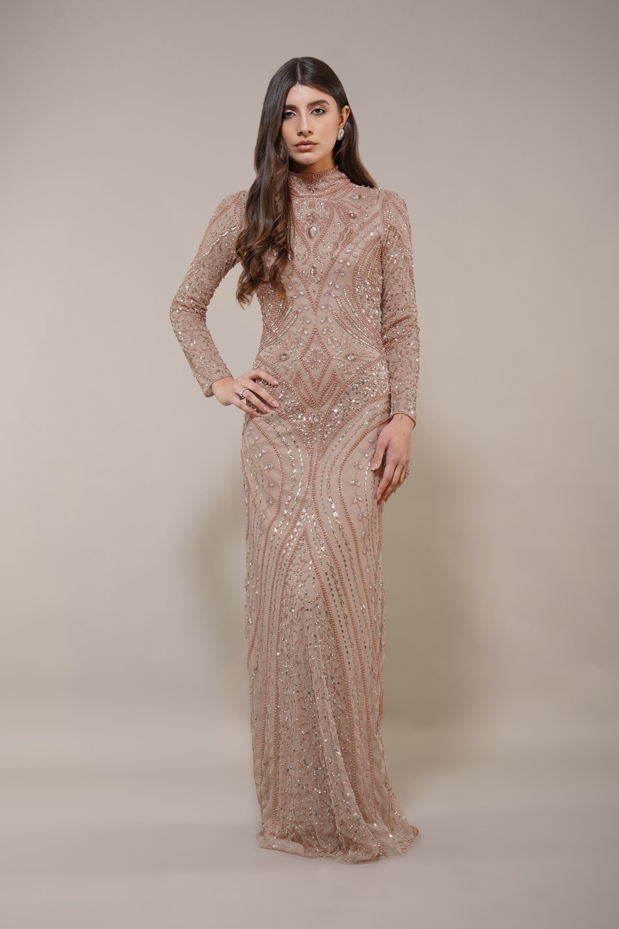 Lotus Embellished Maxi Dress in Taupe