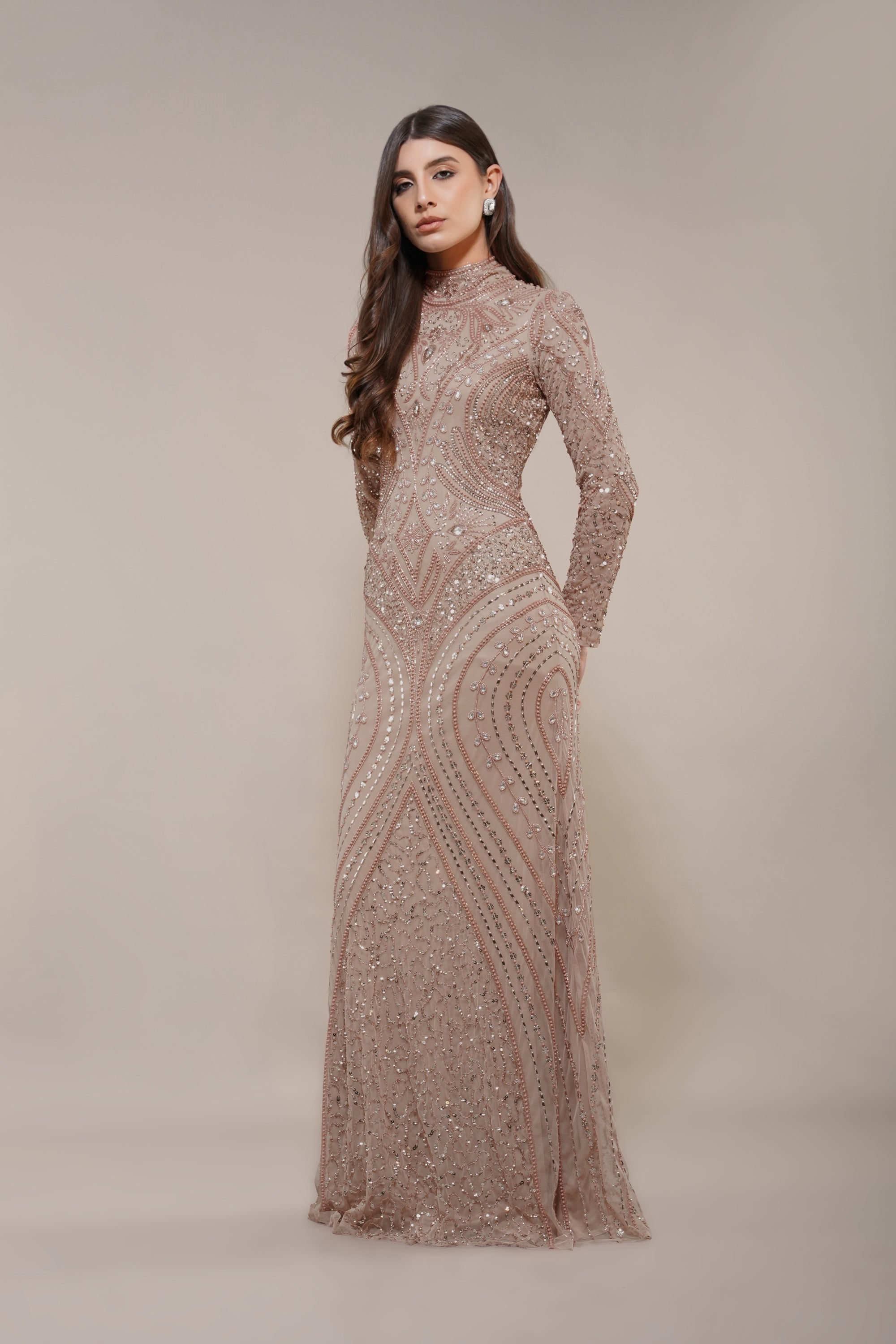 Lotus Embellished Maxi Dress in Taupe