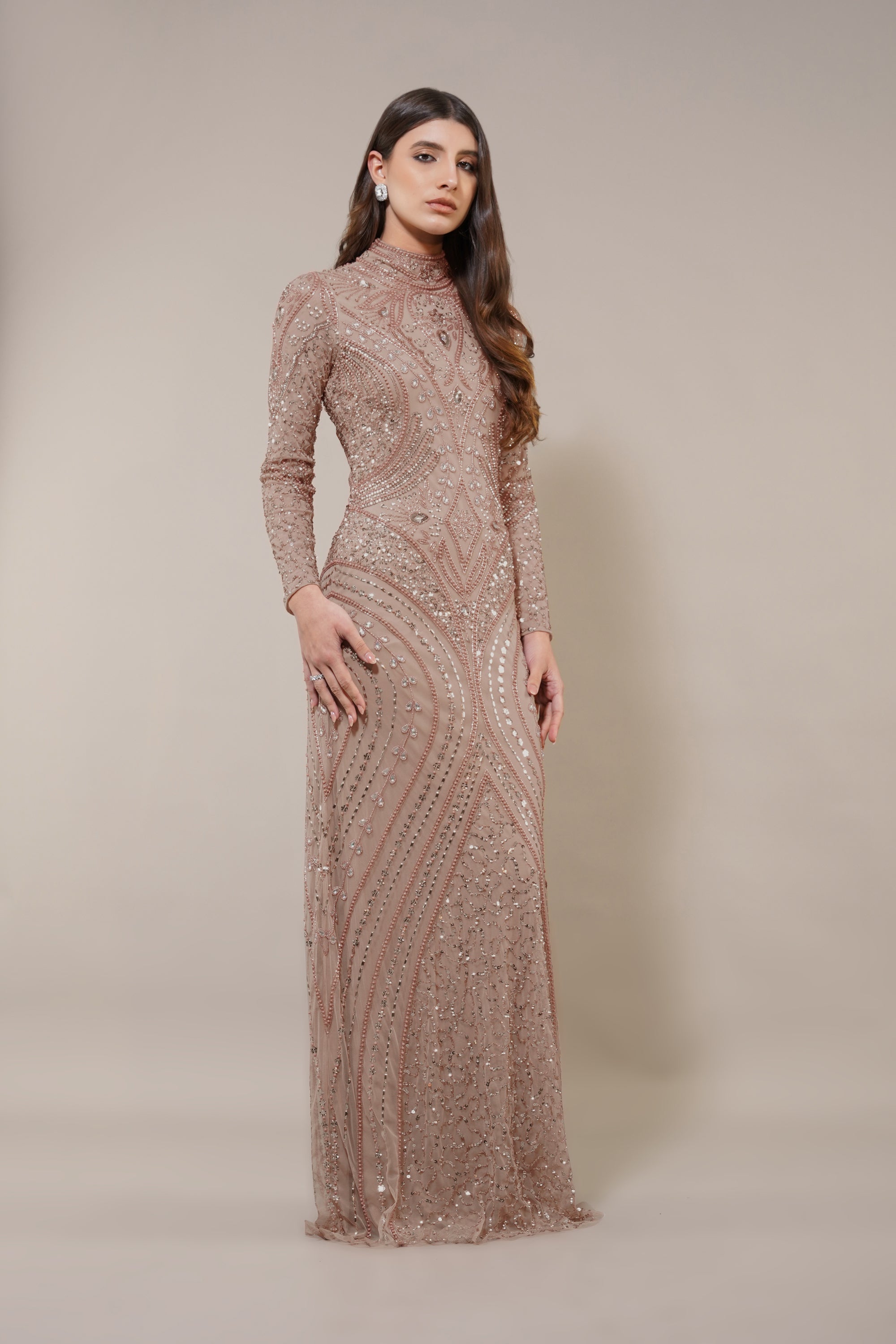 Lotus Embellished Maxi Dress in Taupe