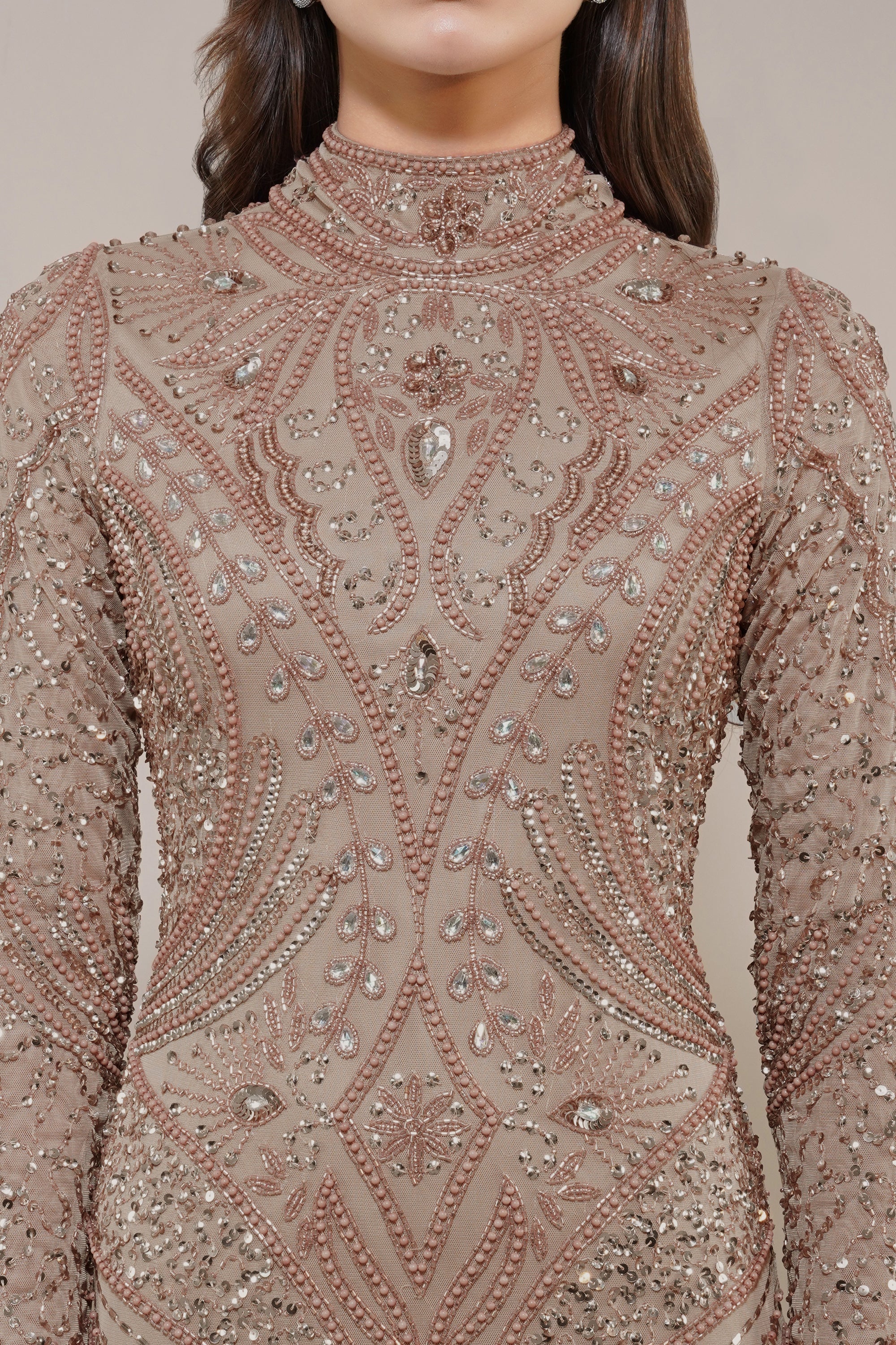 Lotus Embellished Maxi Dress in Taupe