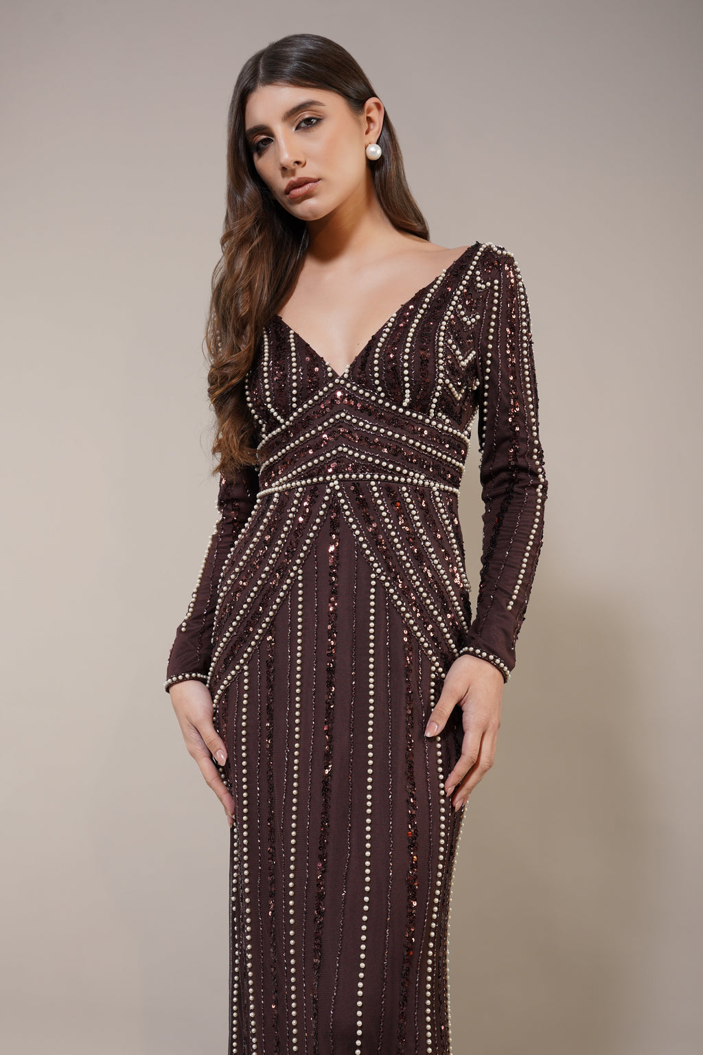 Cordelia Embellished Maxi Dress in Coffee Brown