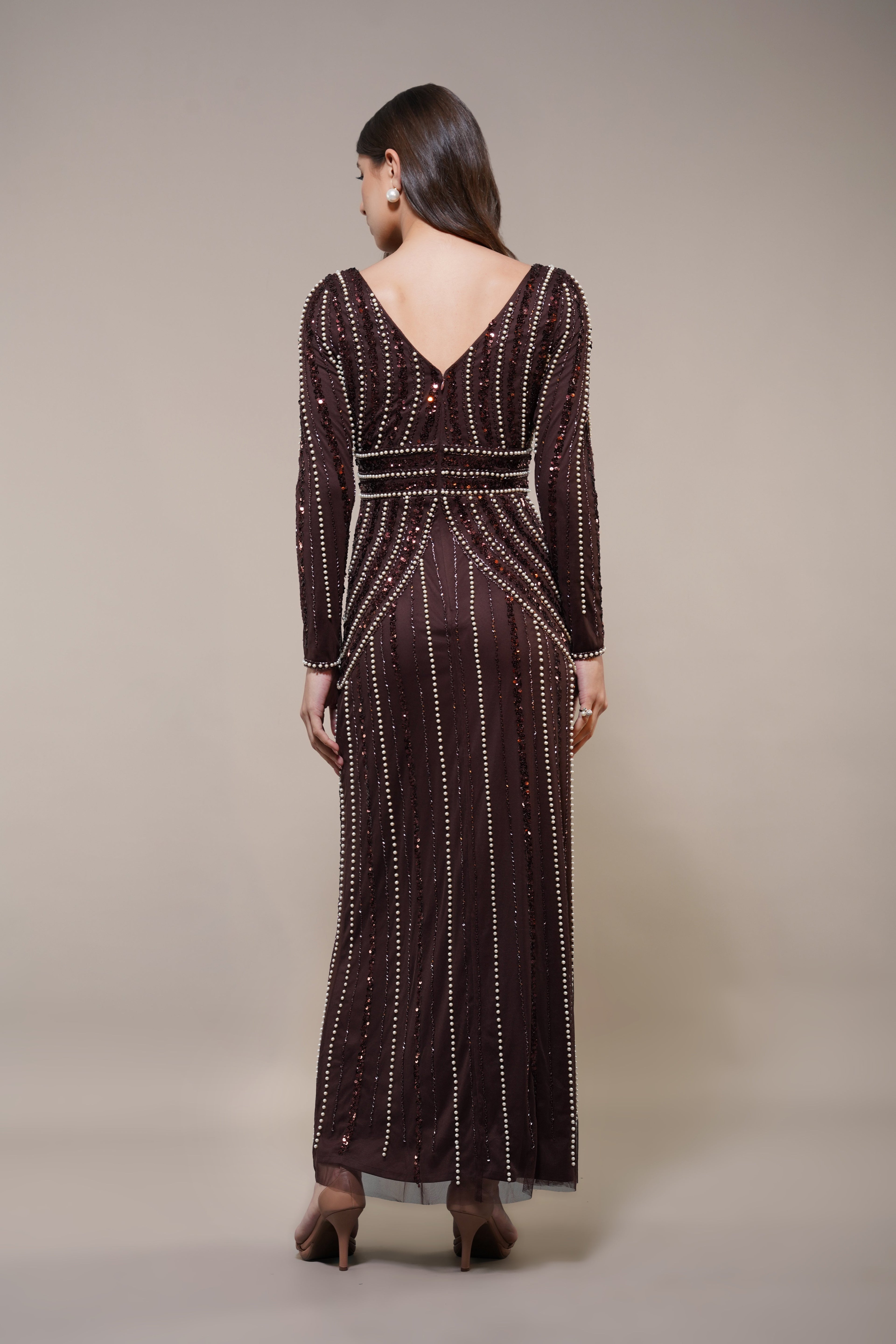 Cordelia Embellished Maxi Dress in Coffee Brown