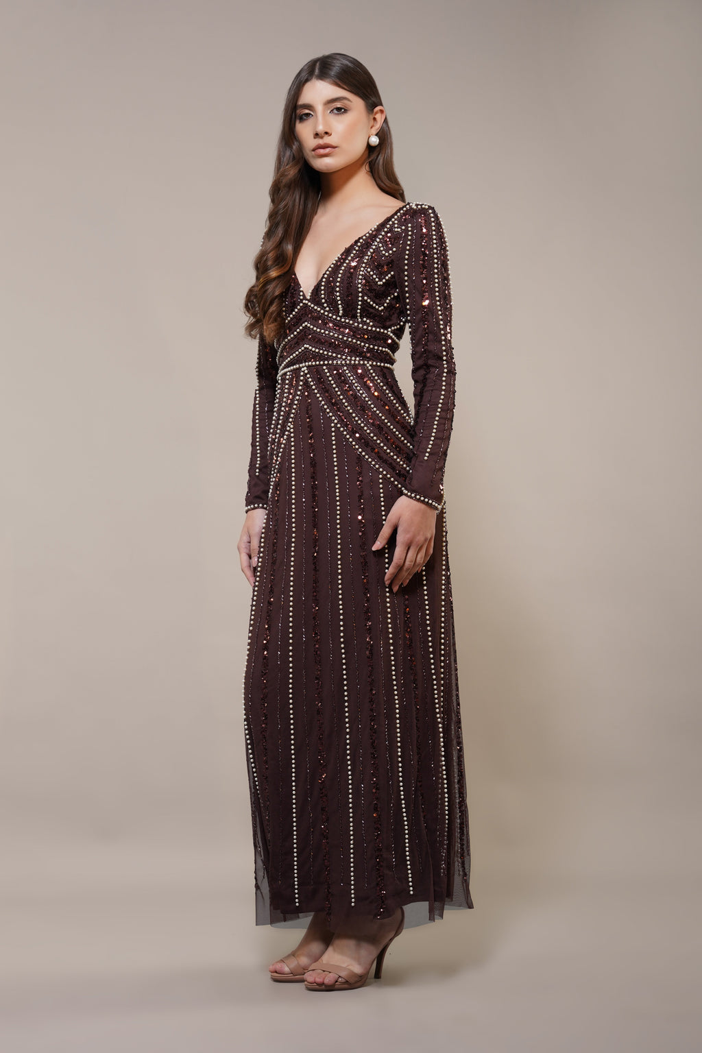 Cordelia Embellished Maxi Dress in Coffee Brown