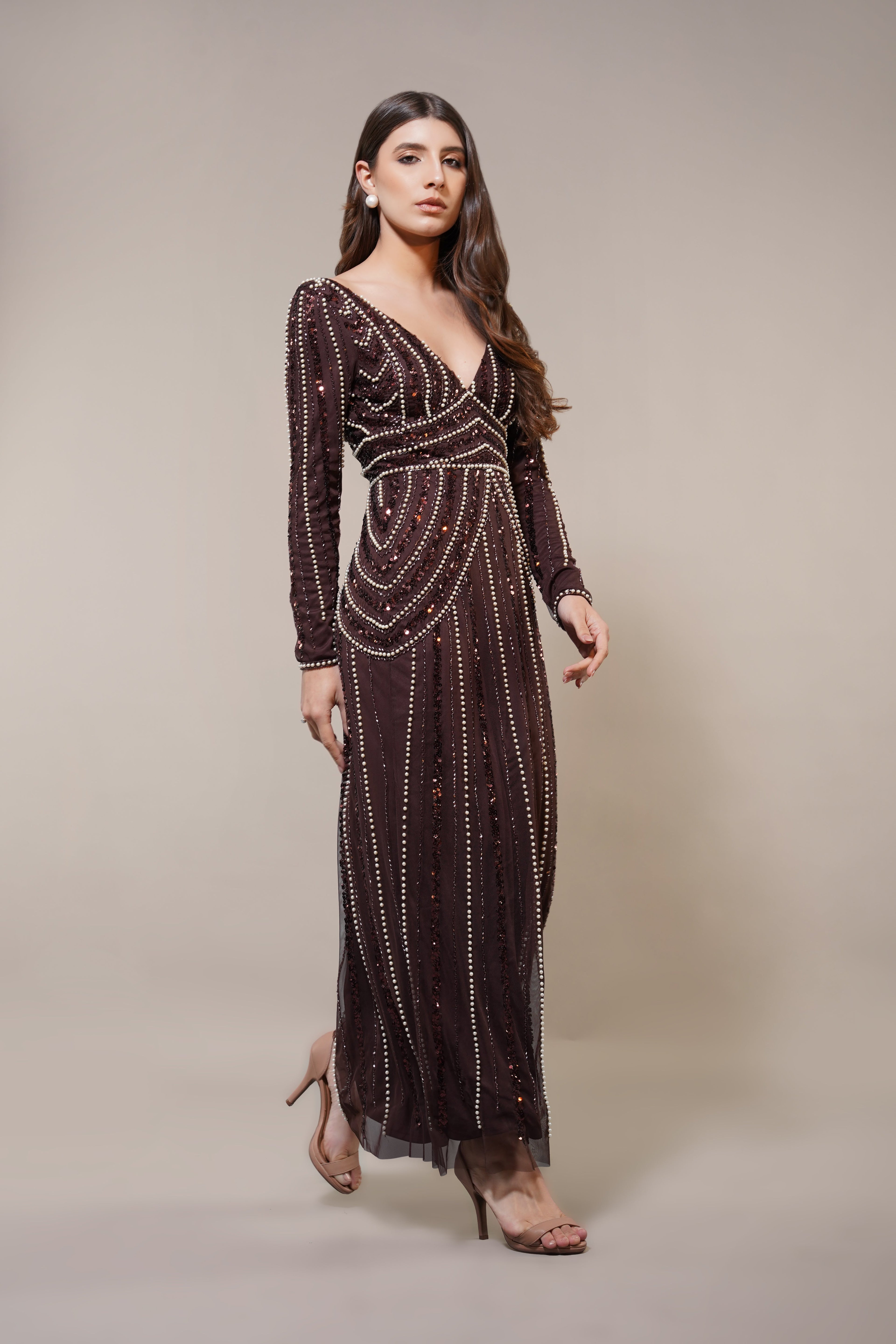 Cordelia Embellished Maxi Dress in Coffee Brown