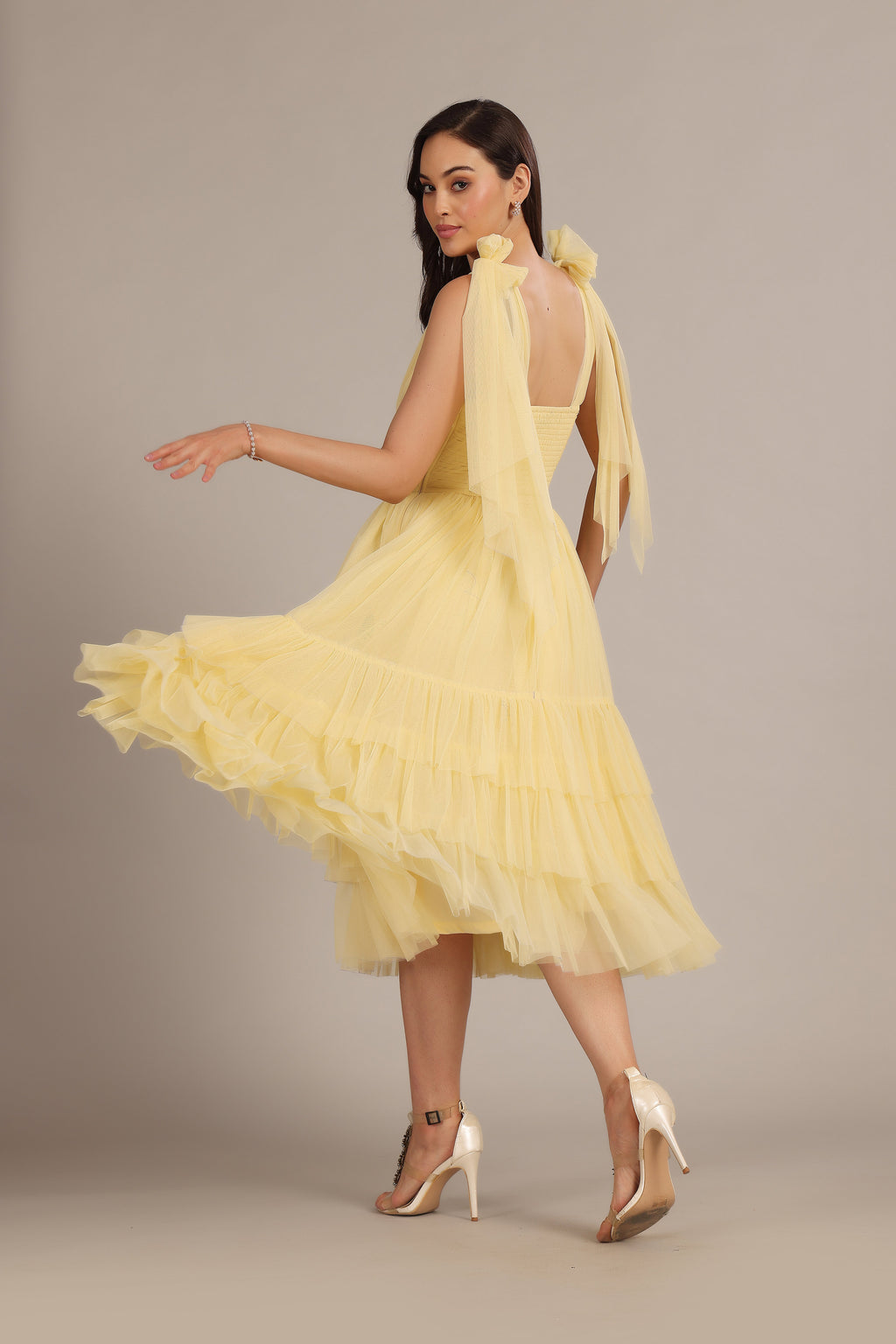 Bow Shoulder Madison Midi Dress in Buttercup