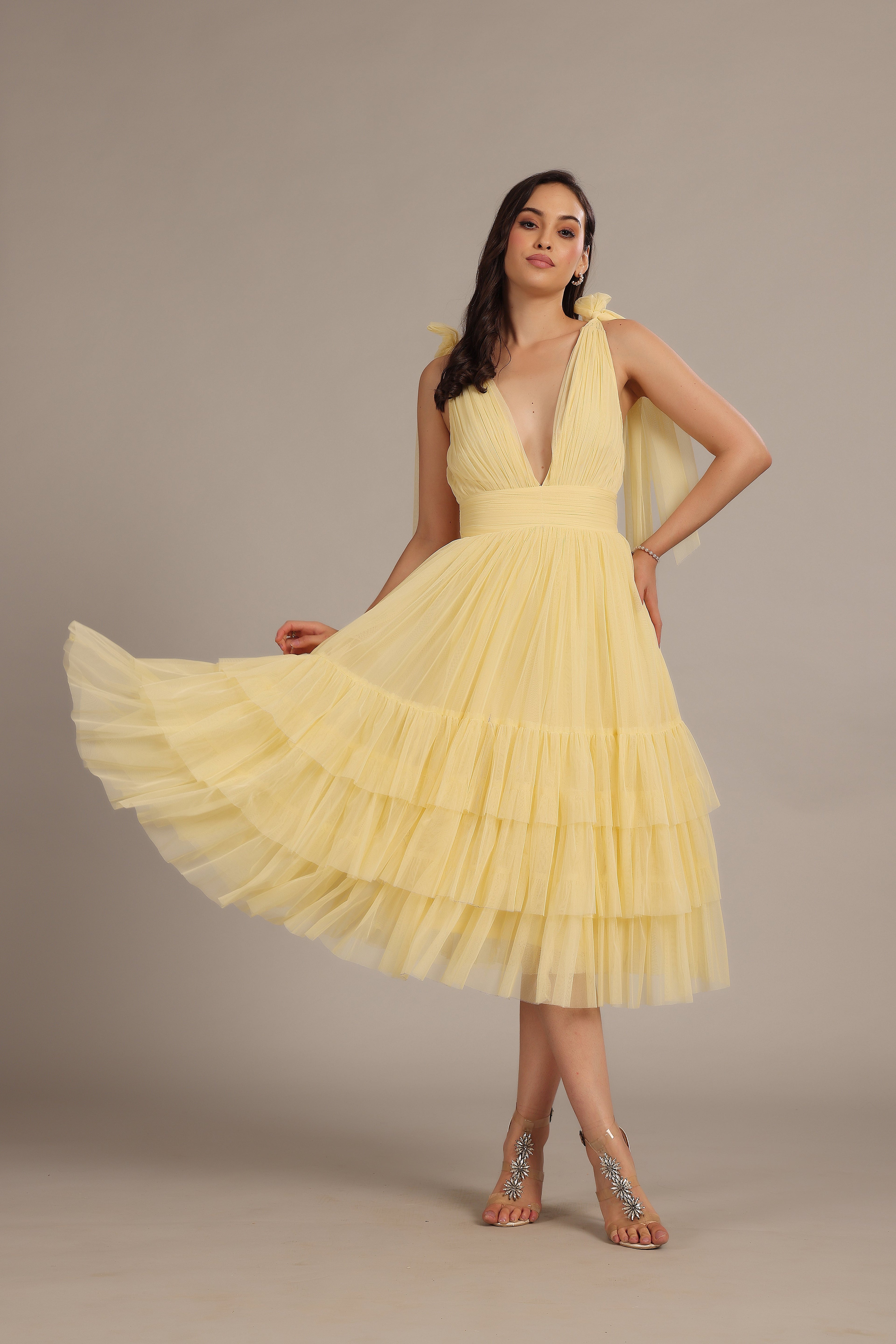 Bow Shoulder Madison Midi Dress in Buttercup