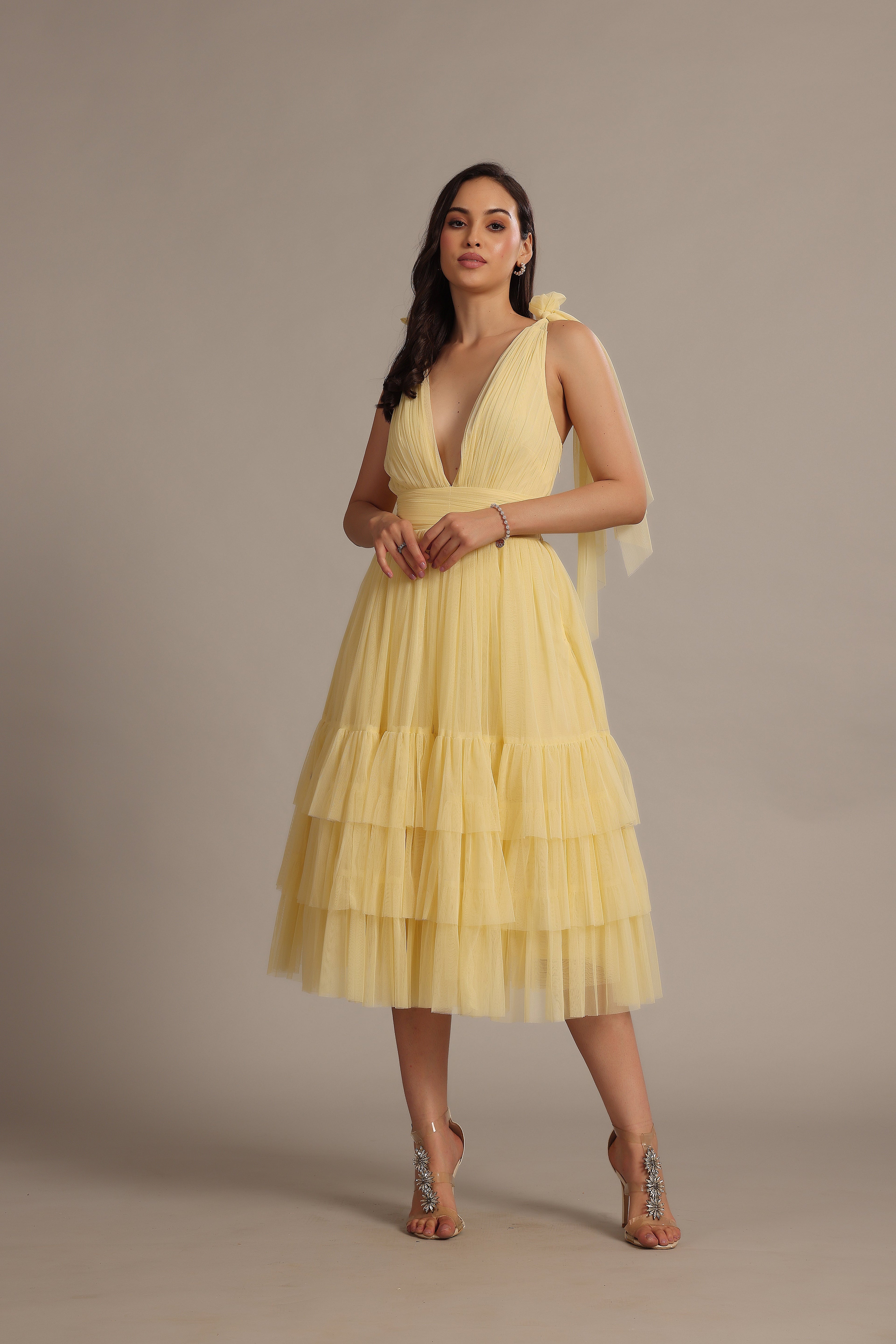 Bow Shoulder Madison Midi Dress in Buttercup