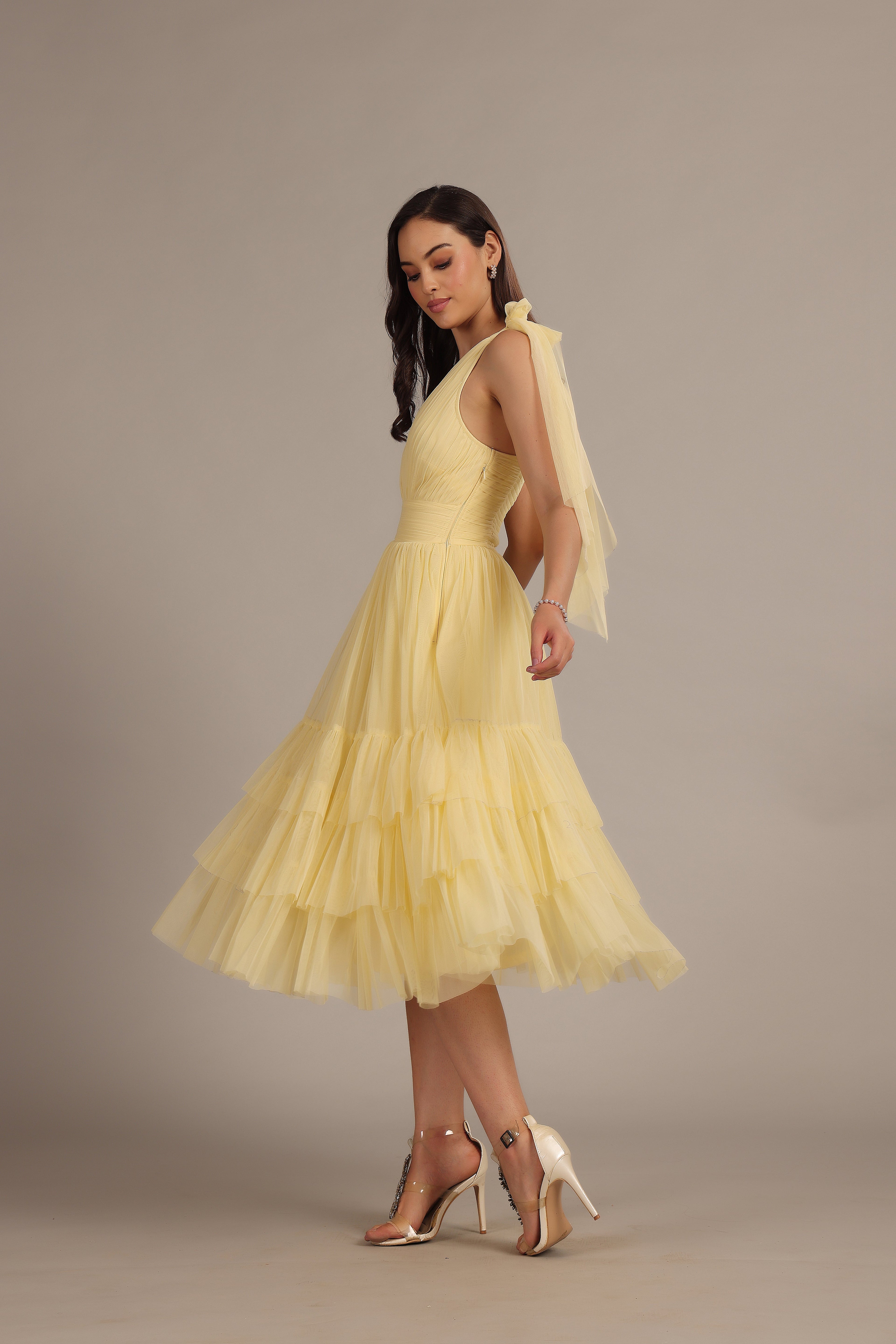 Bow Shoulder Madison Midi Dress in Buttercup
