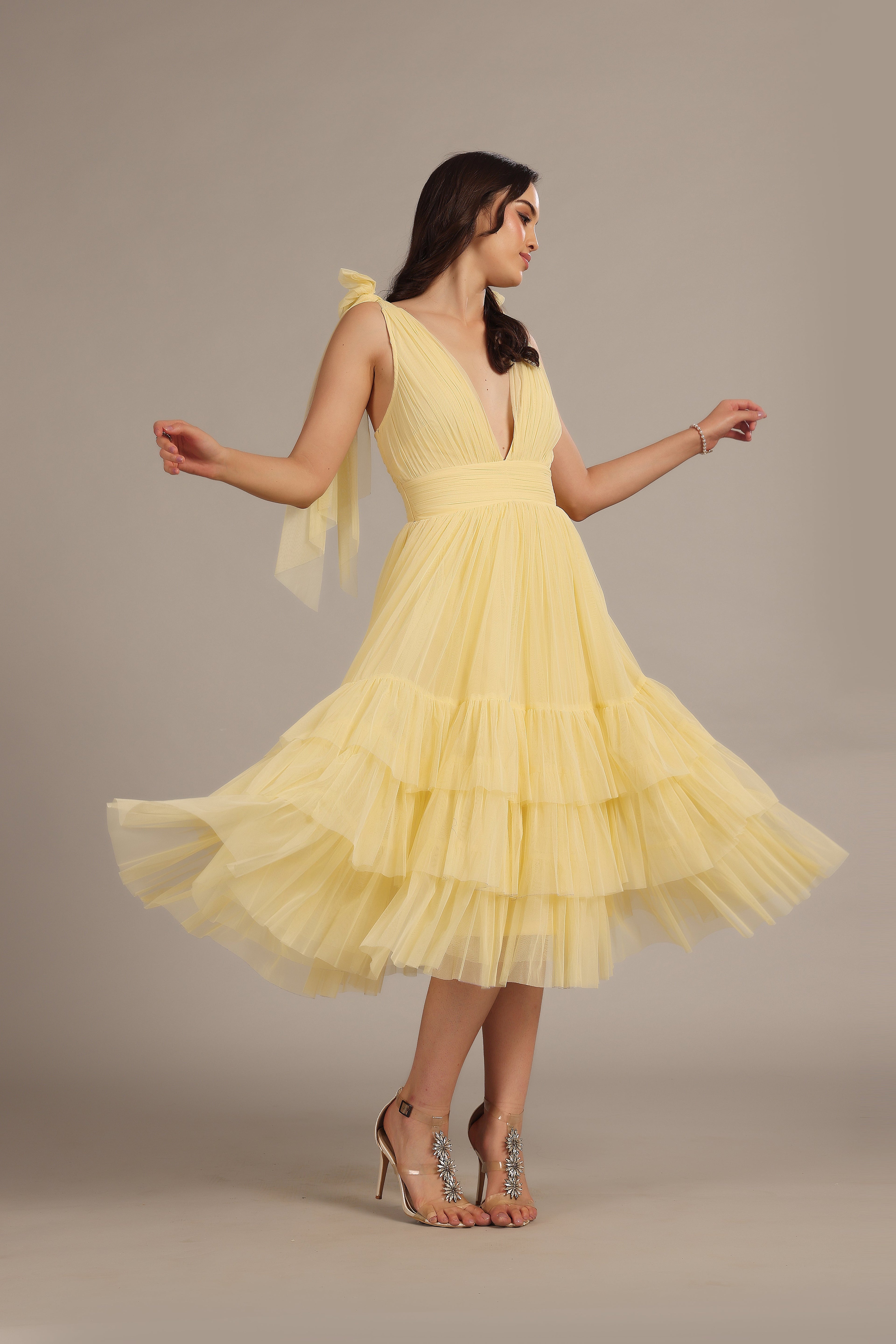 Bow Shoulder Madison Midi Dress in Buttercup