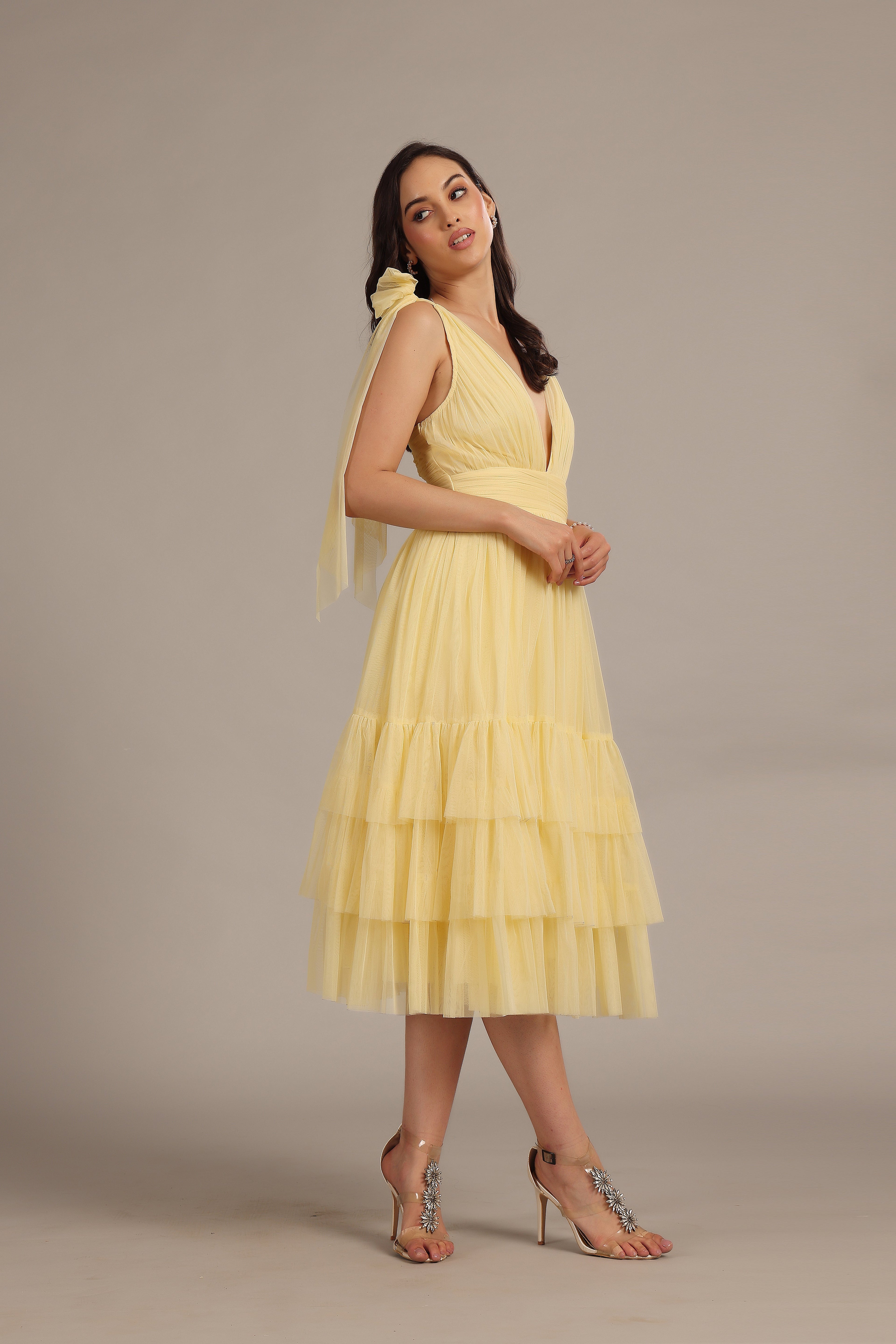 Bow Shoulder Madison Midi Dress in Buttercup
