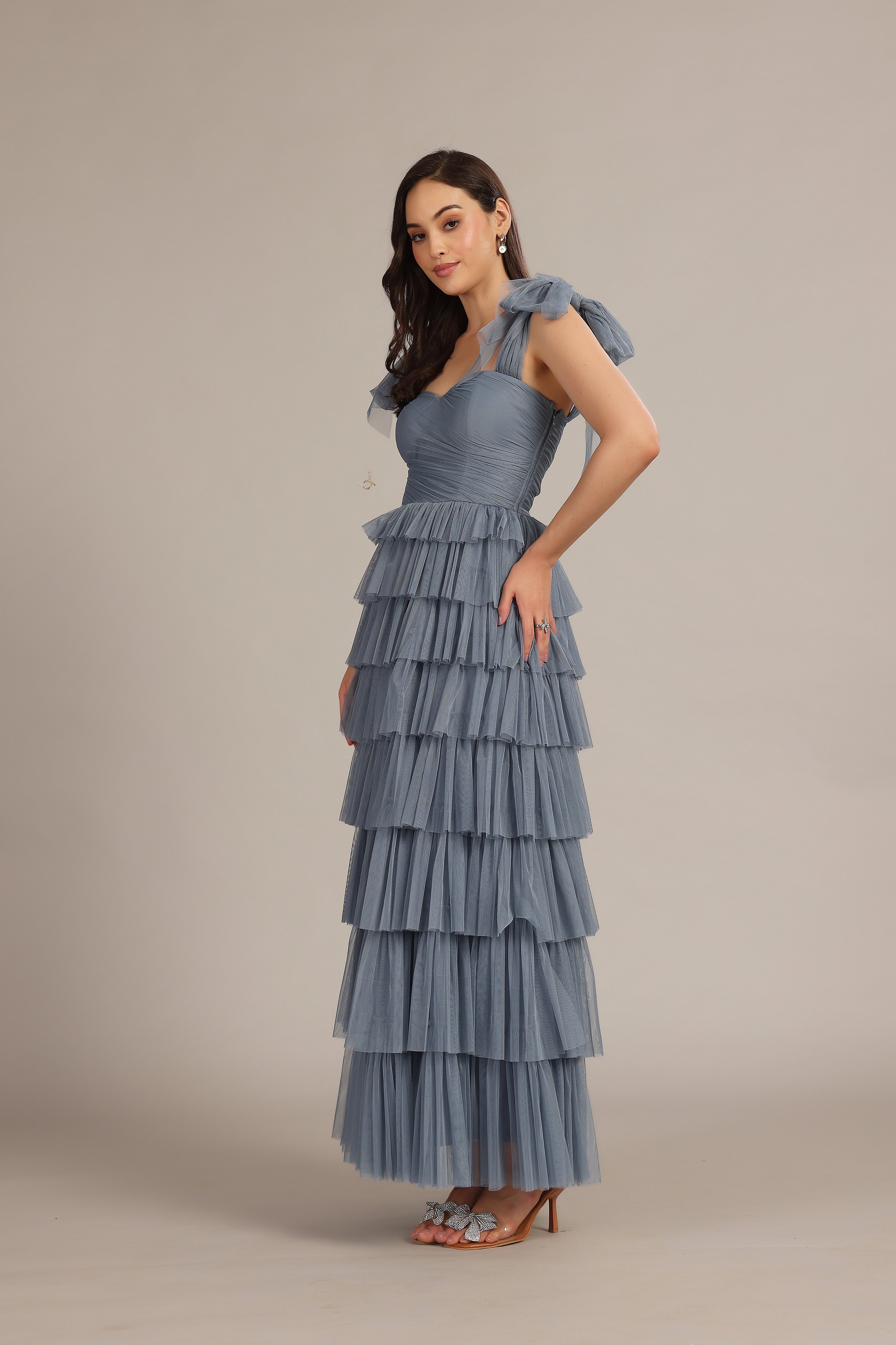 Ophelia Dusty Blue Maxi Dress with Tie Detail