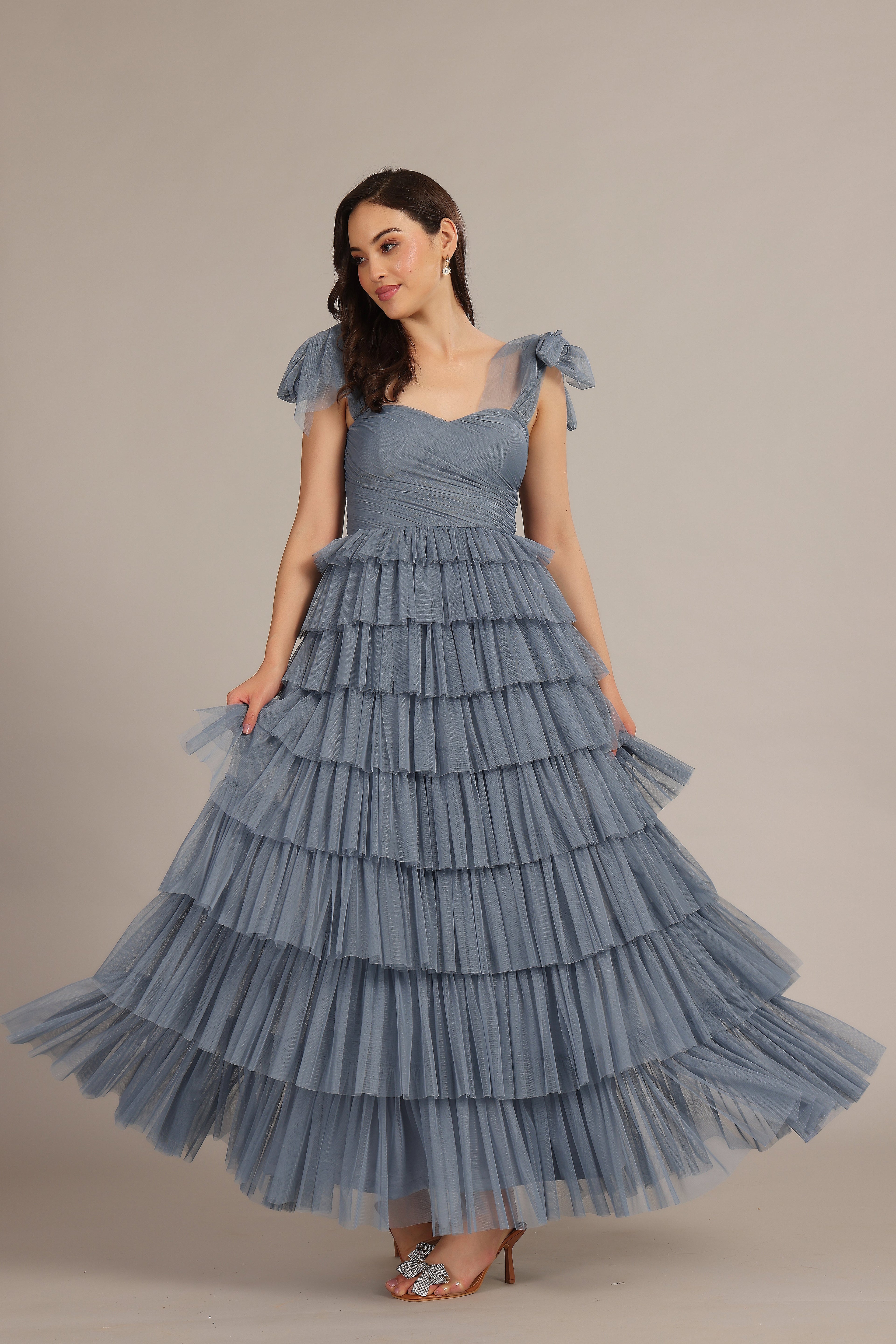 Ophelia Dusty Blue Maxi Dress with Tie Detail