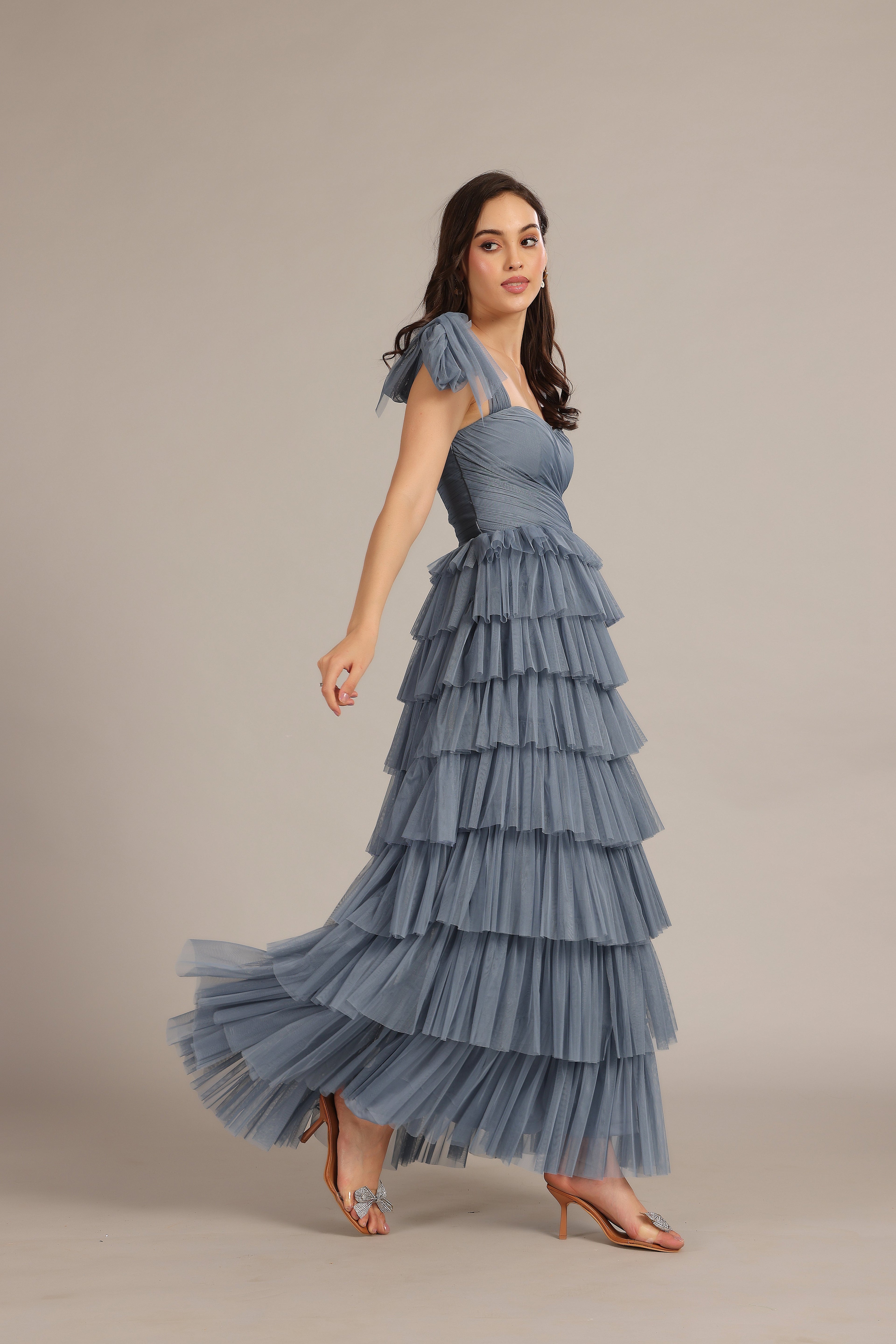 Ophelia Dusty Blue Maxi Dress with Tie Detail