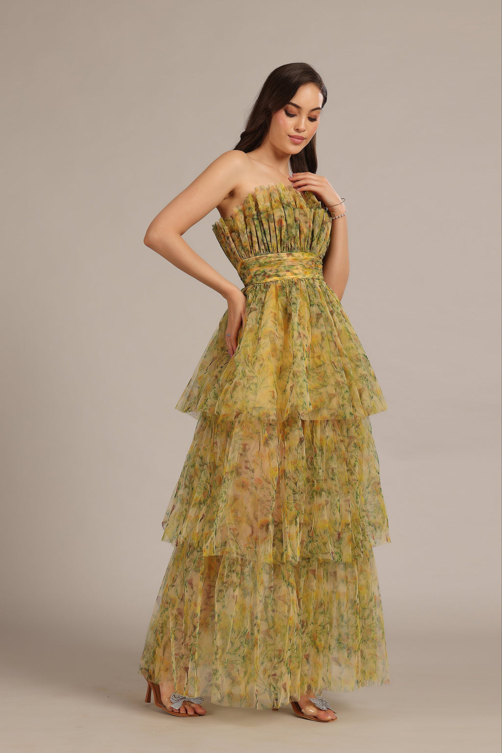 Natalia Tulle Maxi Dress in Yellow Floral