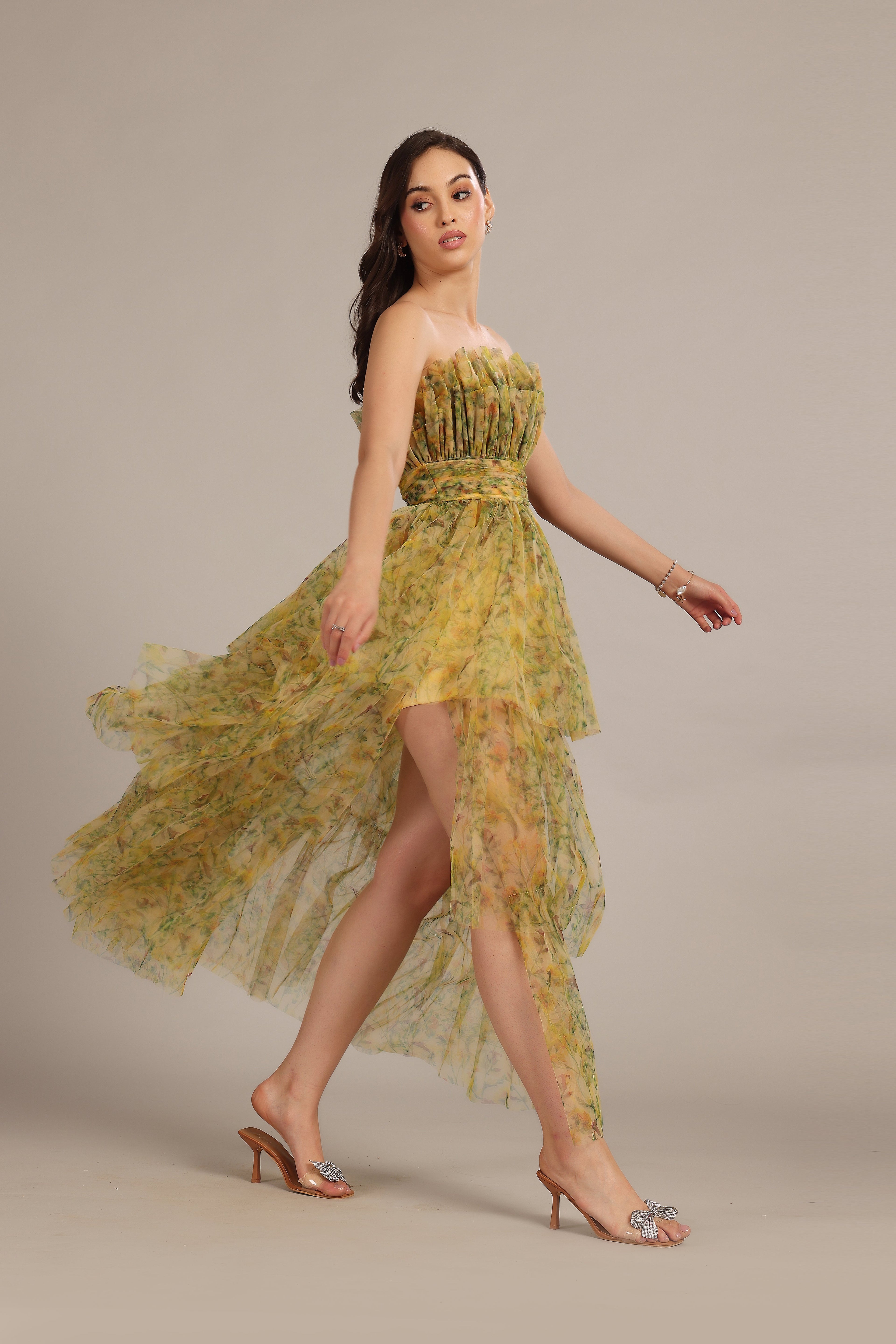 Natalia Tulle Maxi Dress in Yellow Floral