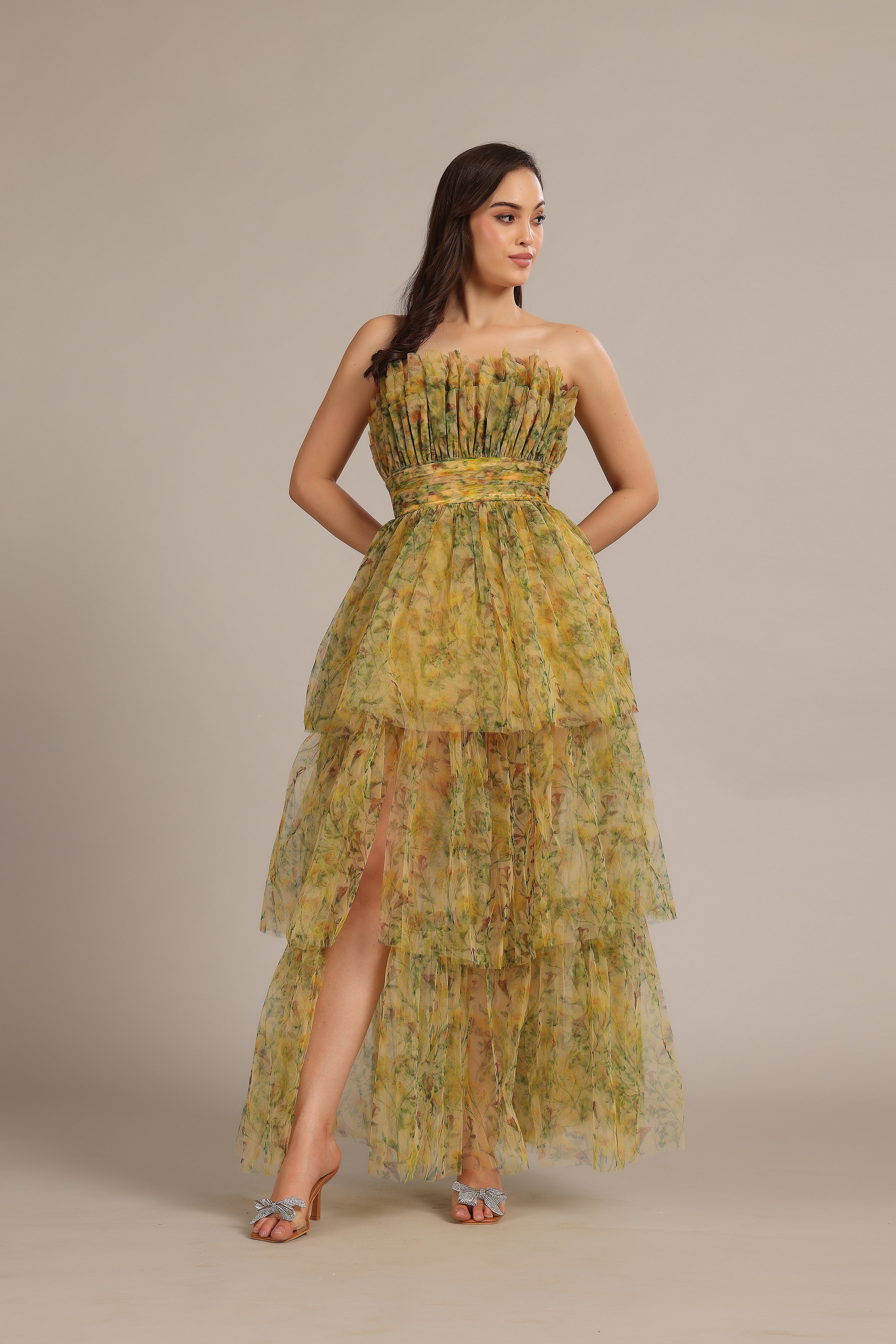 Natalia Tulle Maxi Dress in Yellow Floral