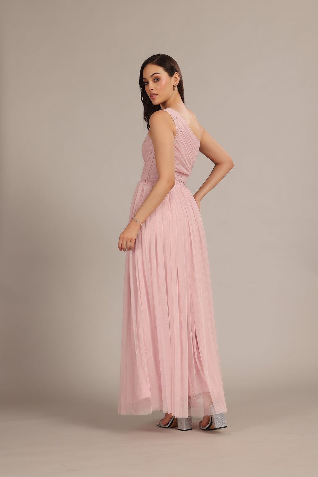 One Shoulder Maxi Dress in Powder Pink