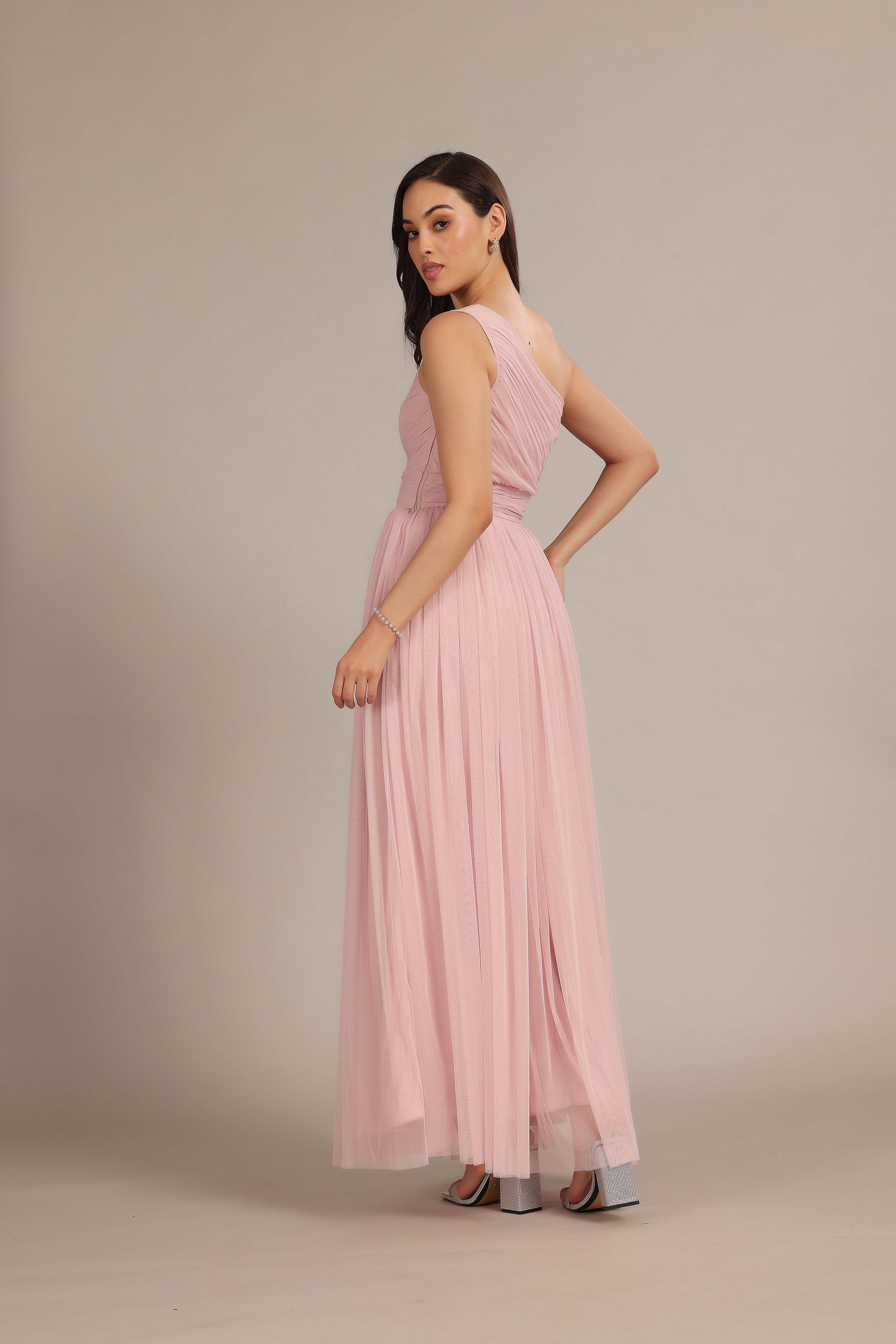 One Shoulder Maxi Dress in Powder Pink