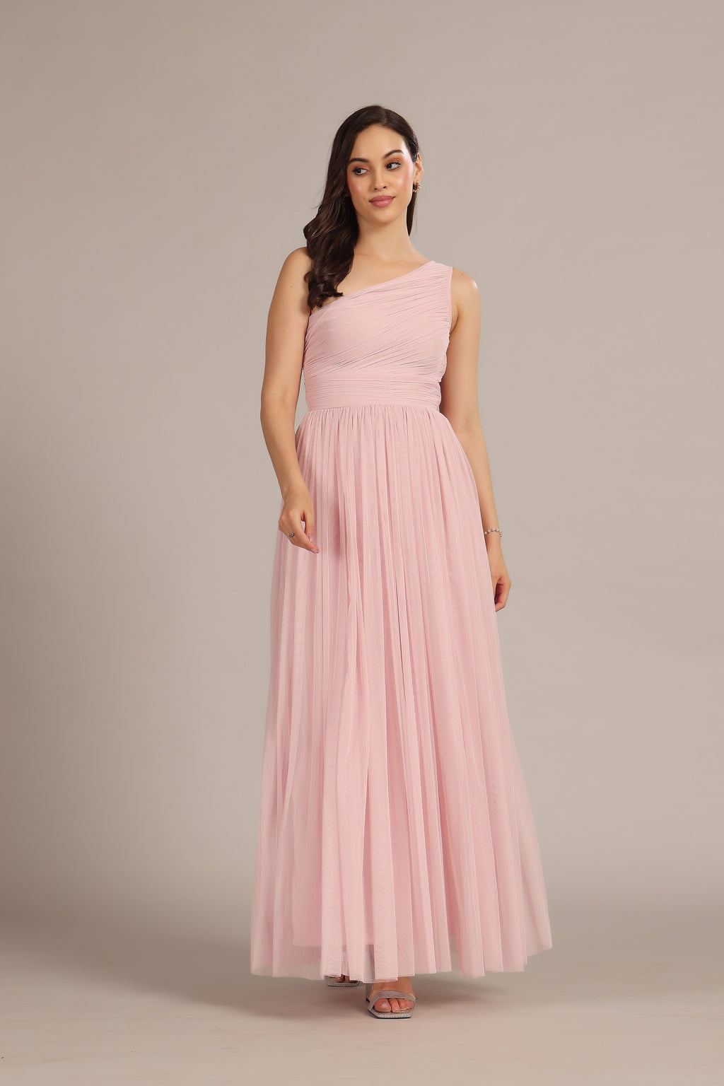 One Shoulder Maxi Dress in Powder Pink