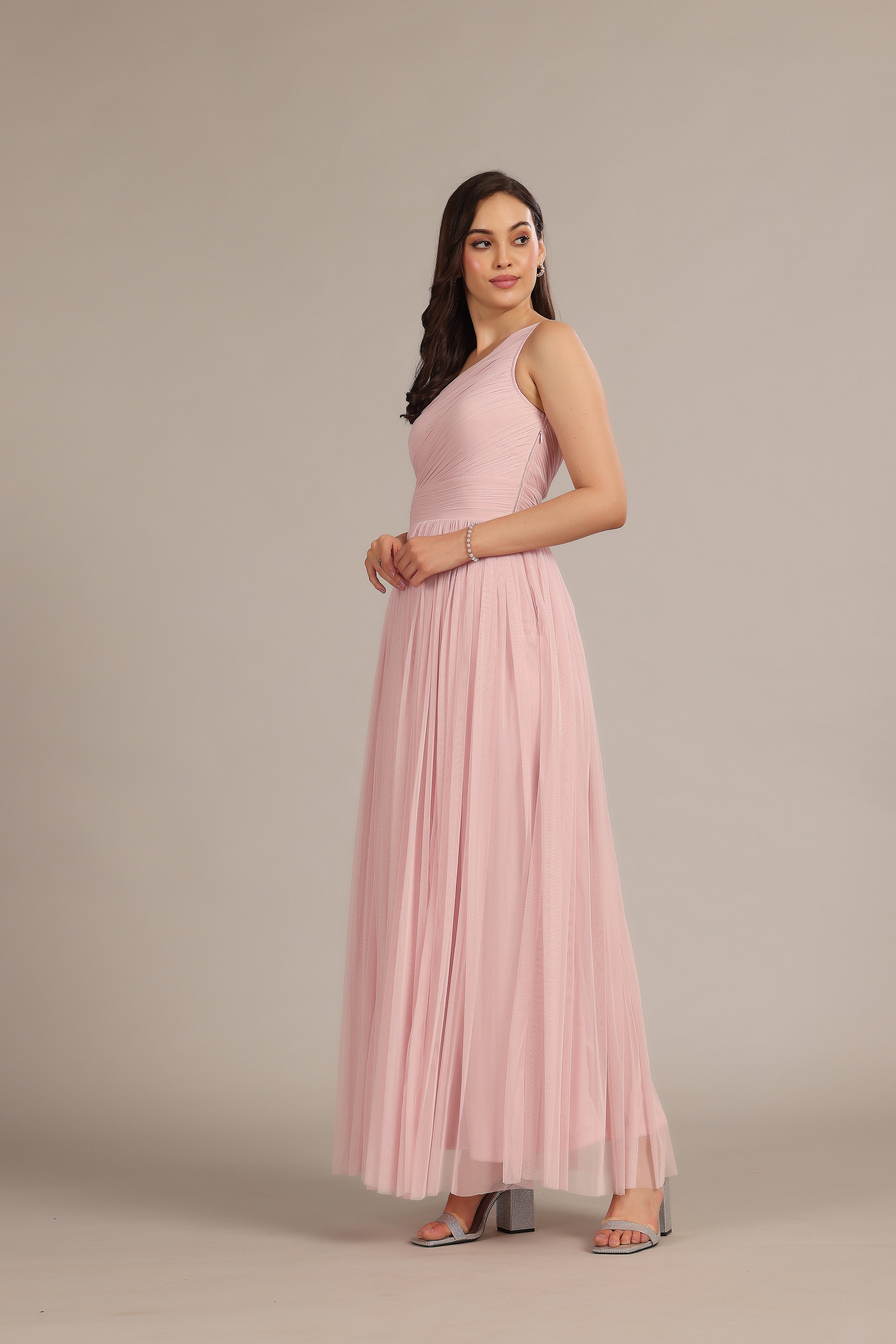One Shoulder Maxi Dress in Powder Pink