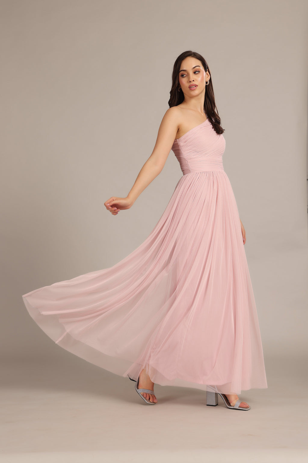 One Shoulder Maxi Dress in Powder Pink