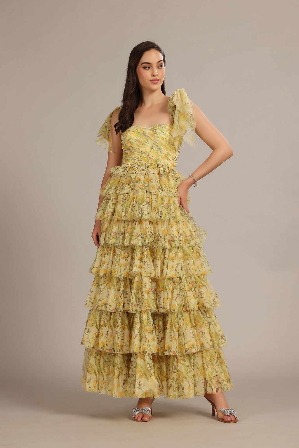 Ophelia Yellow Floral Maxi Dress with Tie Detail