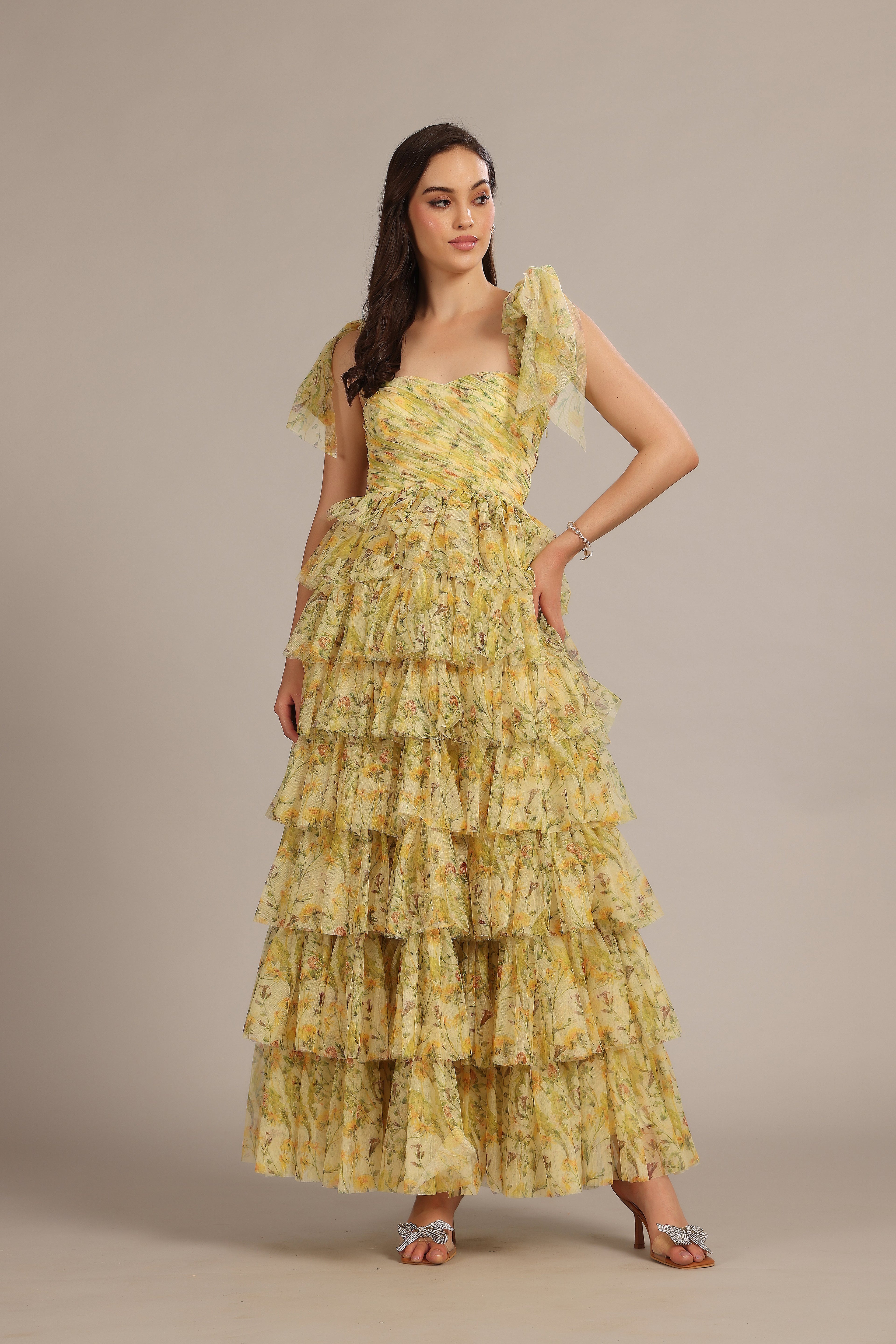 Ophelia Yellow Floral Maxi Dress with Tie Detail