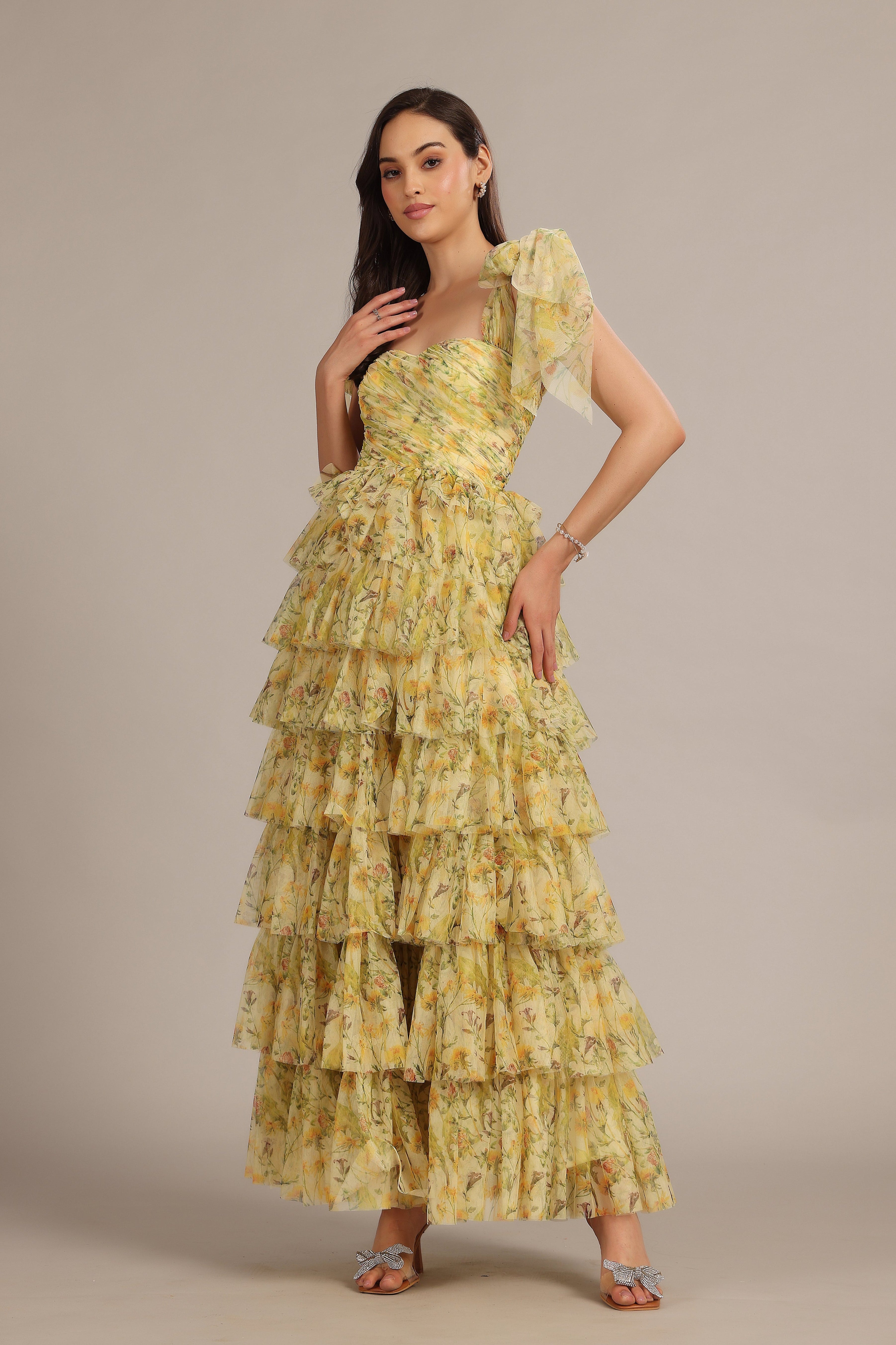 Ophelia Yellow Floral Maxi Dress with Tie Detail