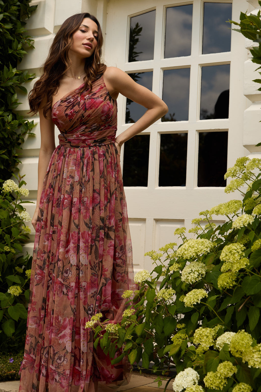 One Shoulder Maxi Dress in Red Rose Floral