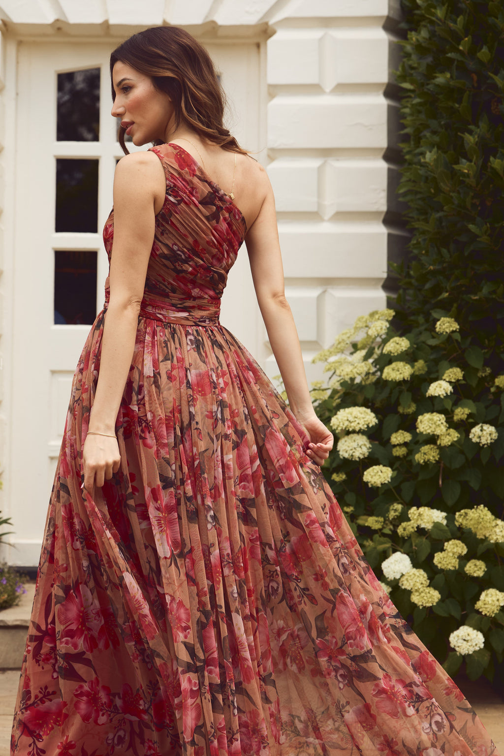 One Shoulder Maxi Dress in Red Rose Floral