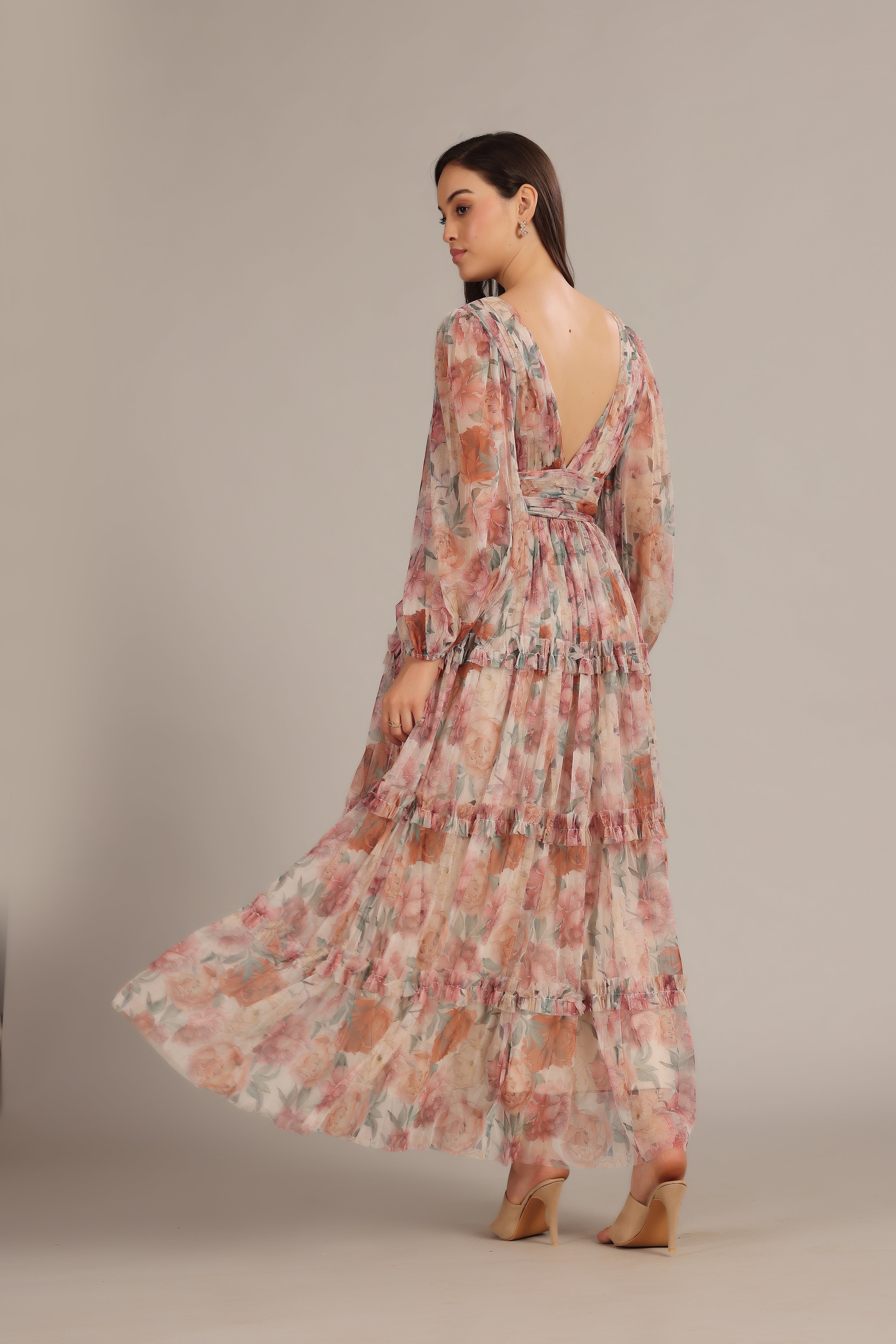 Lydia Maxi Dress in Light Brown Floral