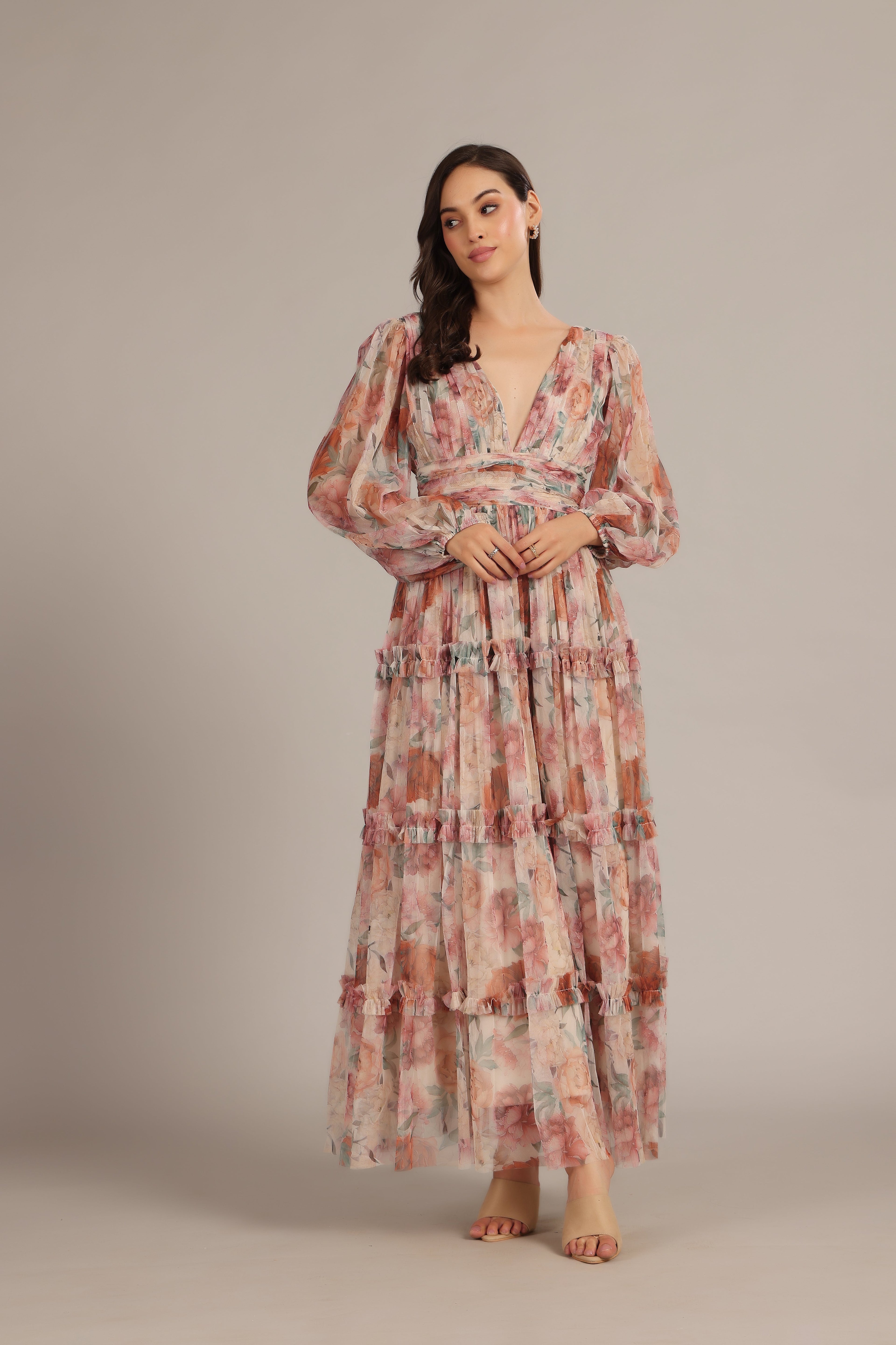 Lydia Maxi Dress in Light Brown Floral