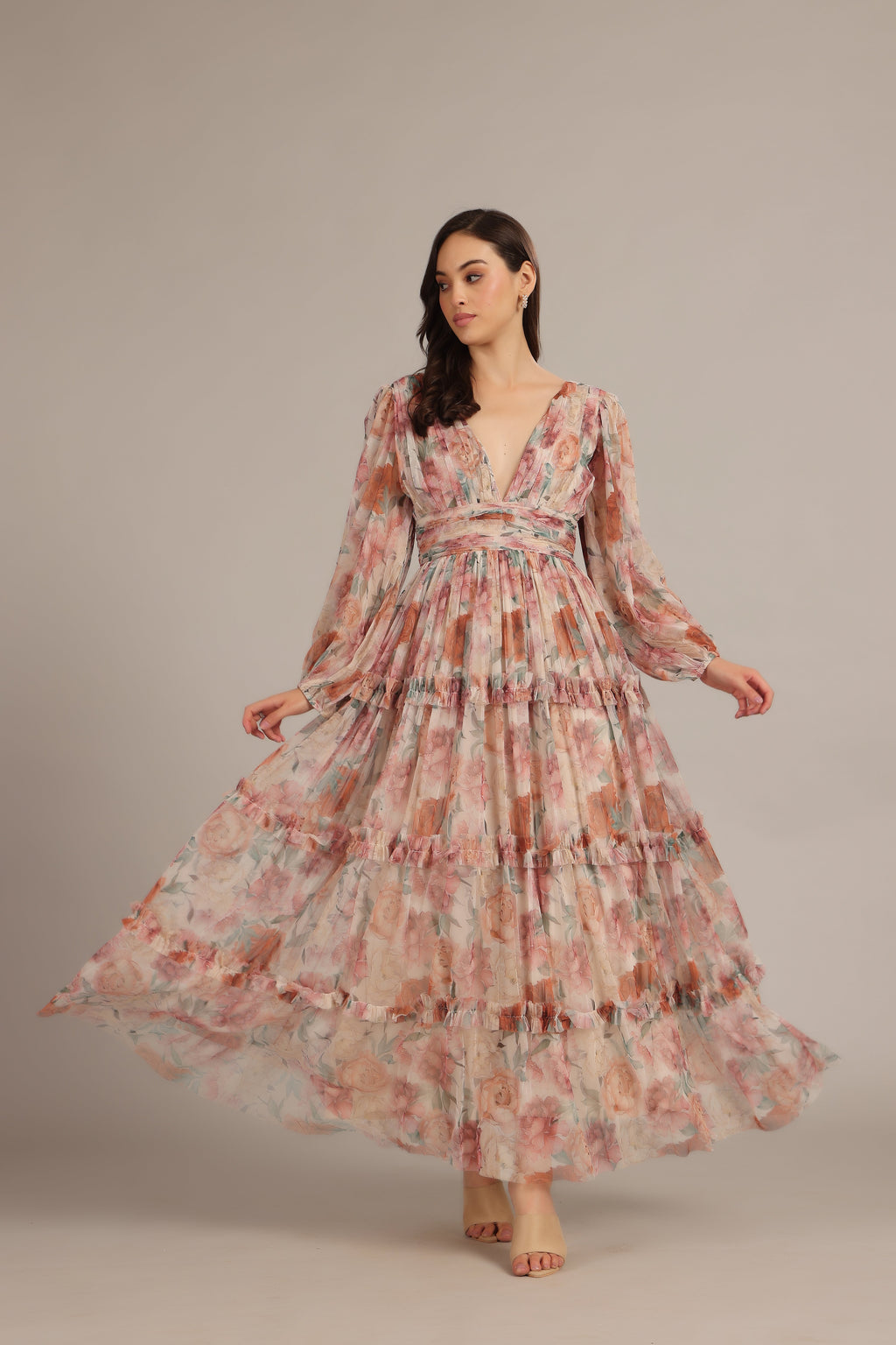 Lydia Maxi Dress in Light Brown Floral