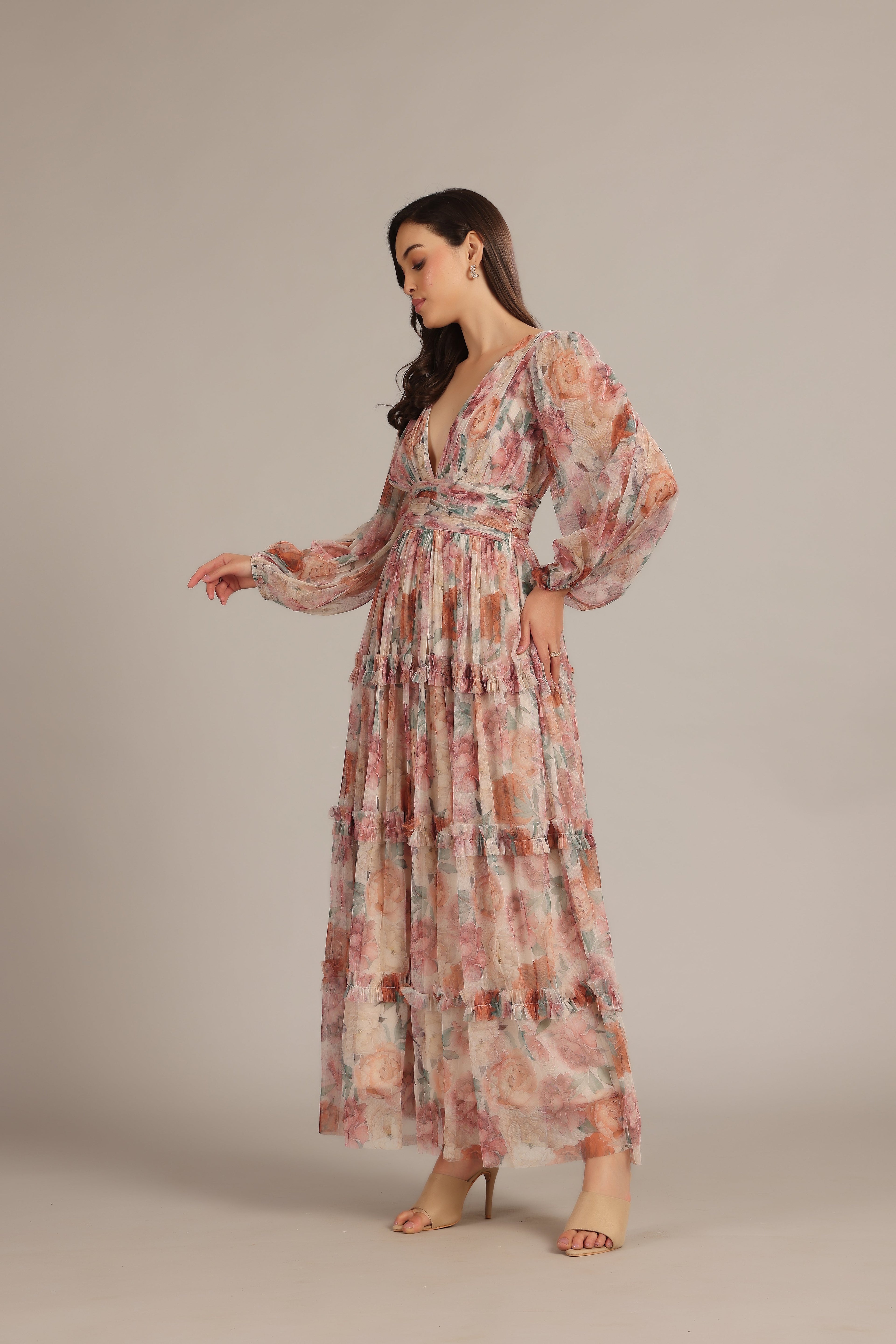 Lydia Maxi Dress in Light Brown Floral