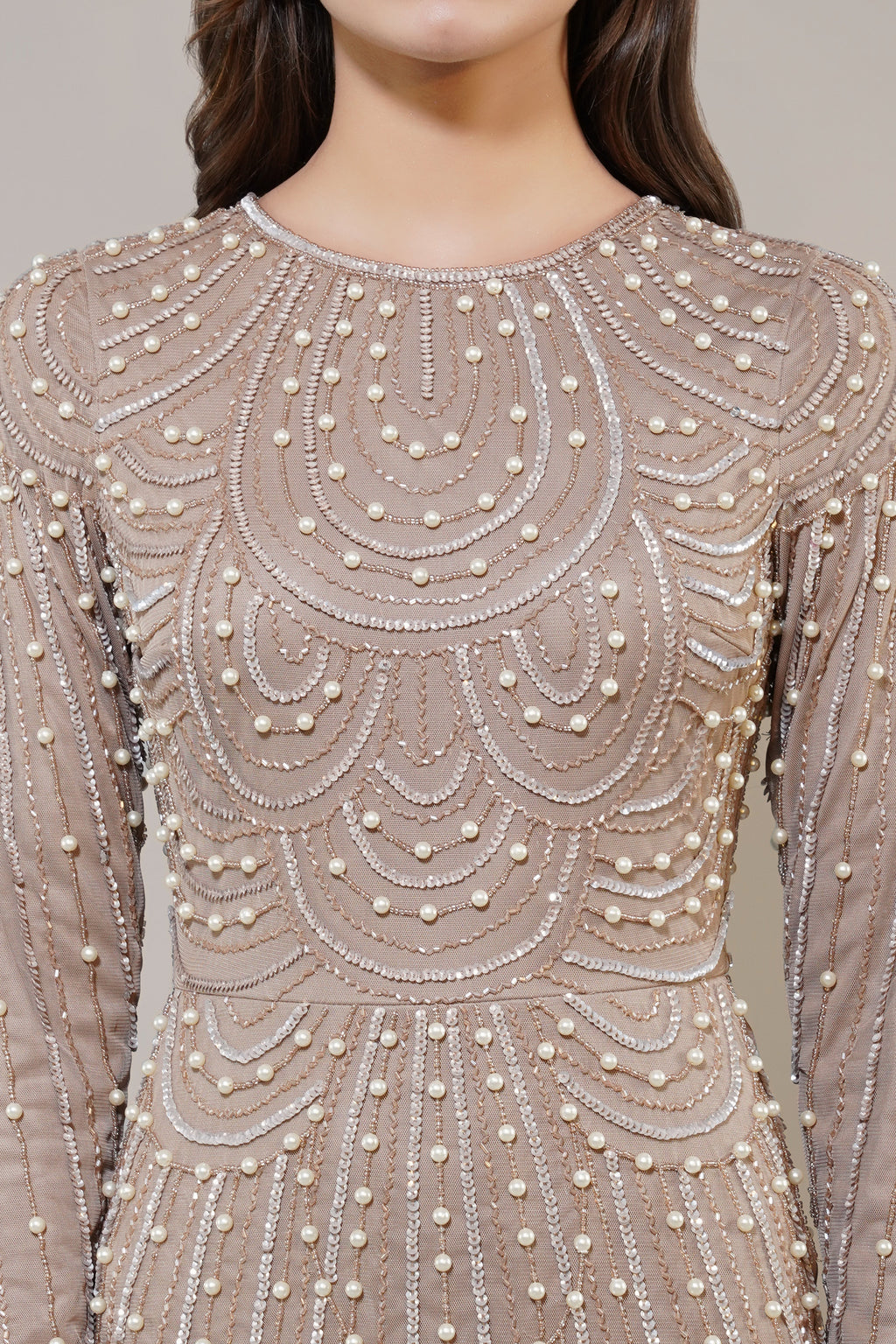 Mabel Embellished Maxi Dress in Taupe