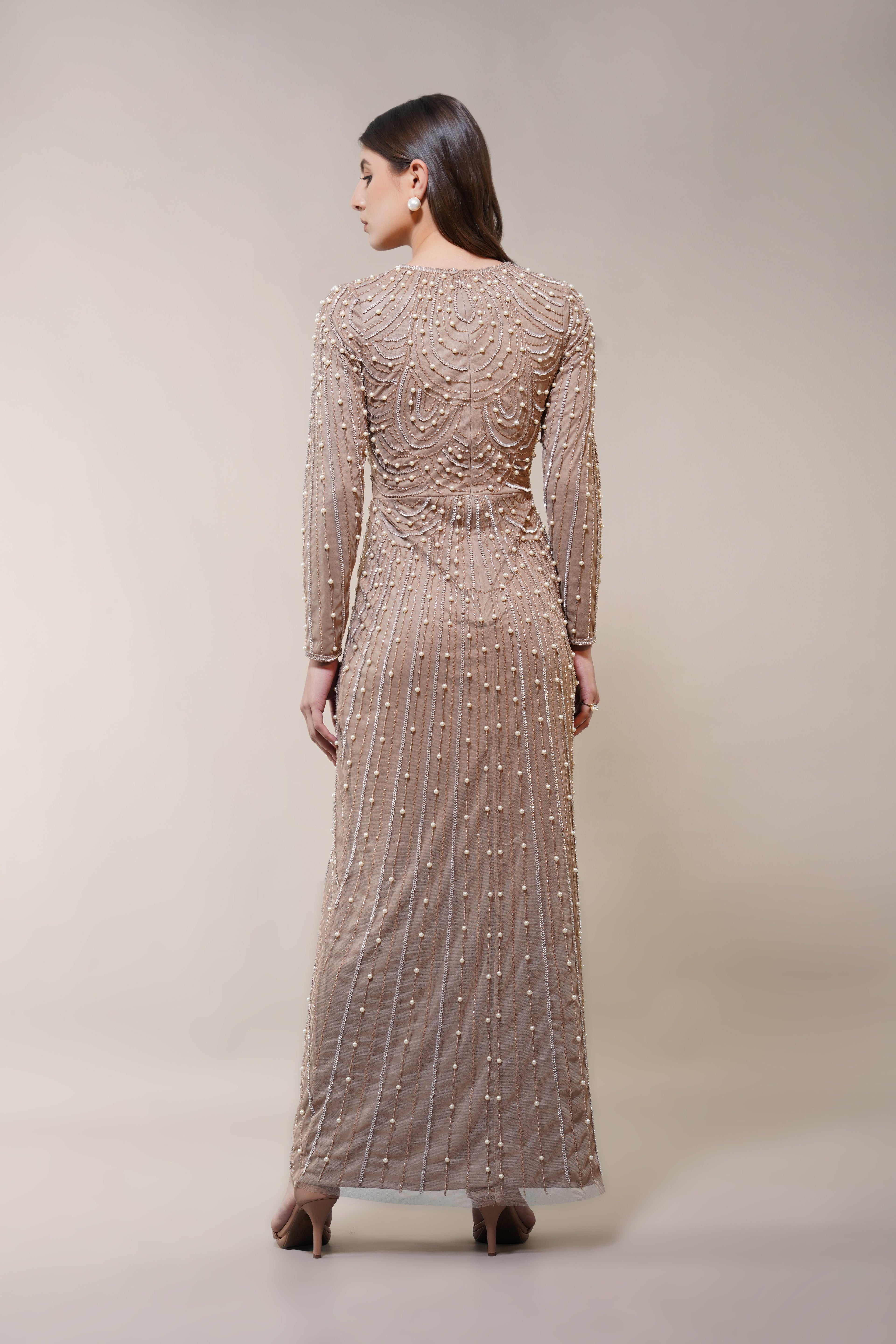 Mabel Embellished Maxi Dress in Taupe