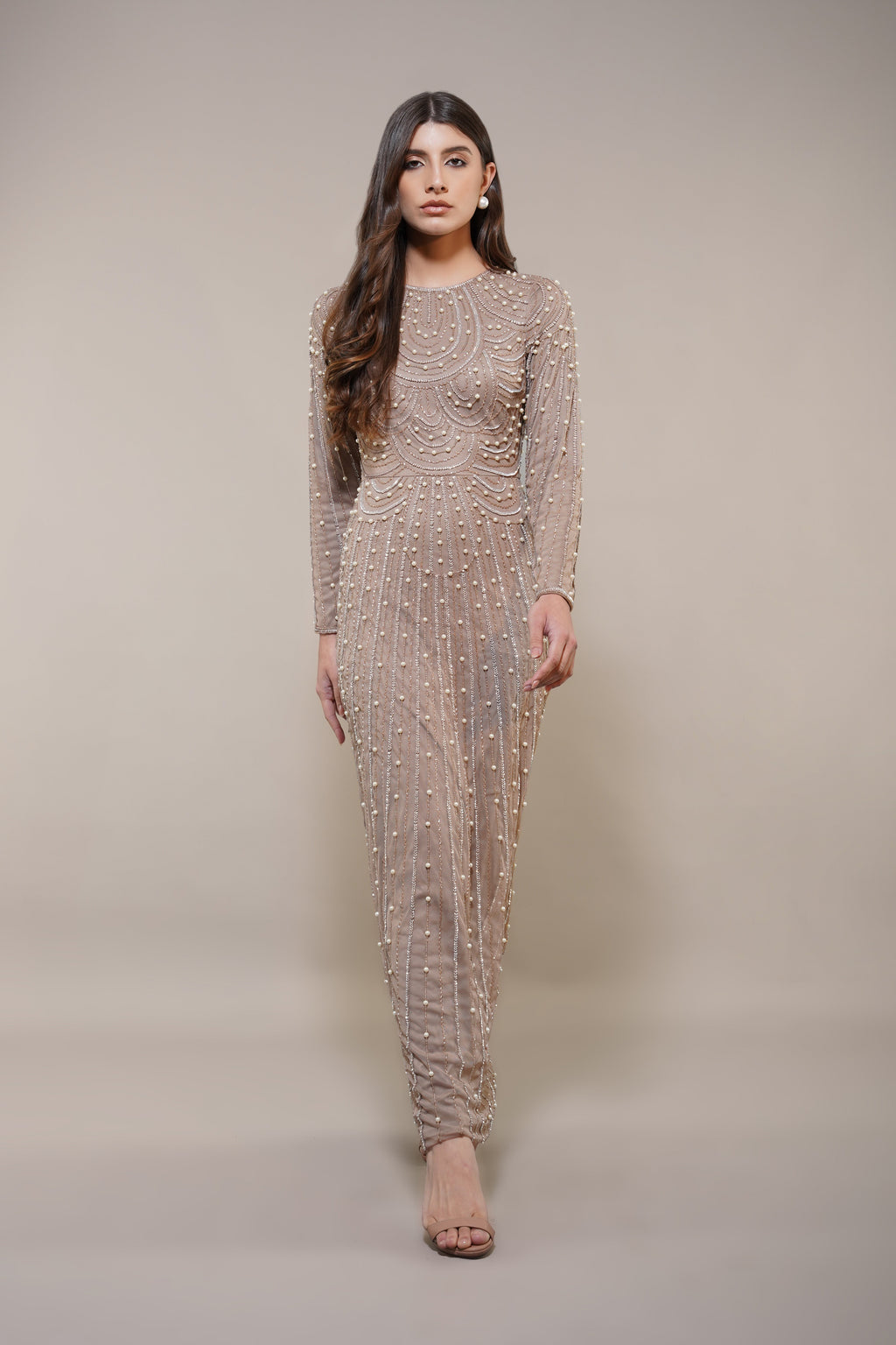 Mabel Embellished Maxi Dress in Taupe