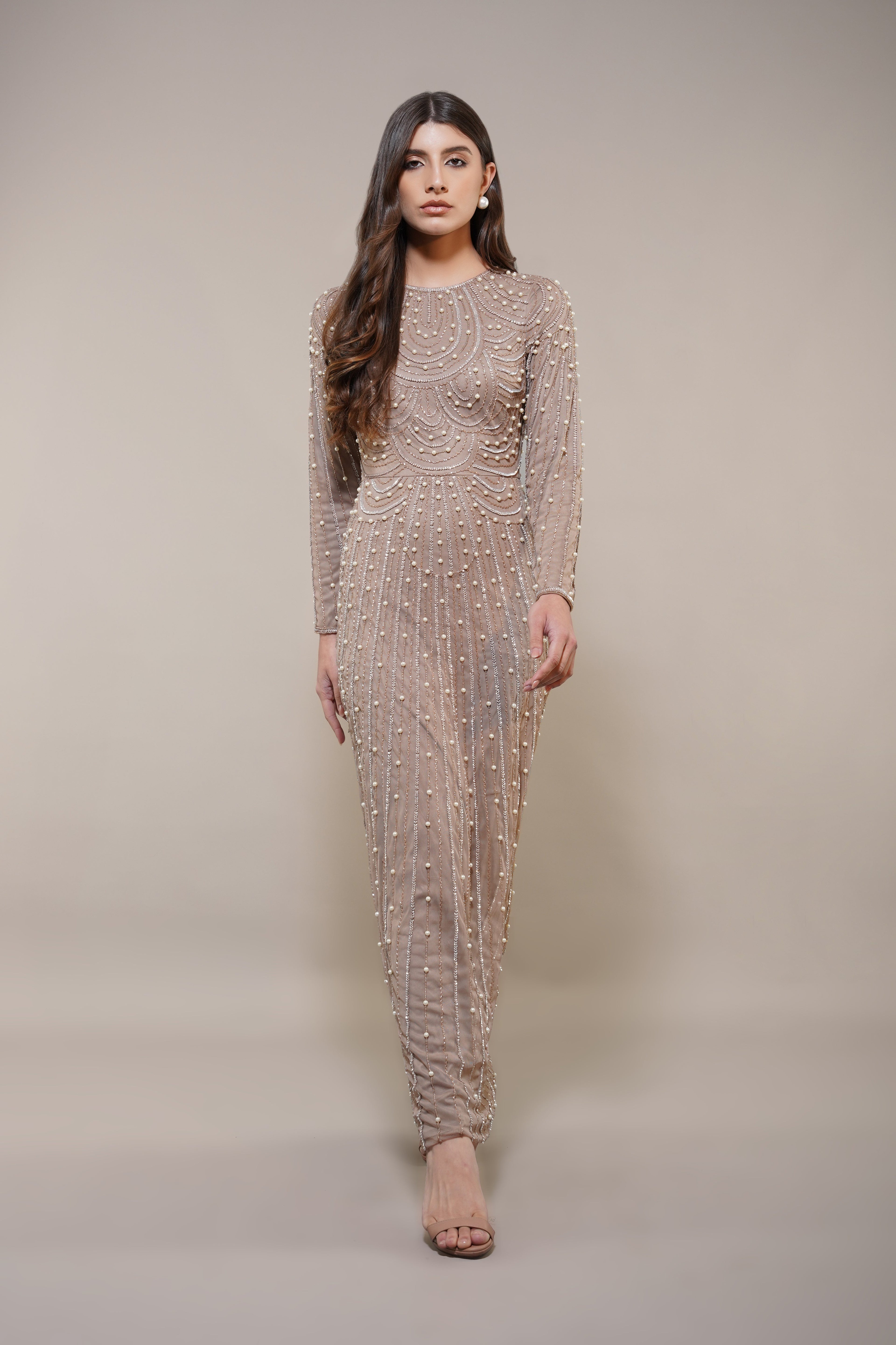 Mabel Embellished Maxi Dress in Taupe