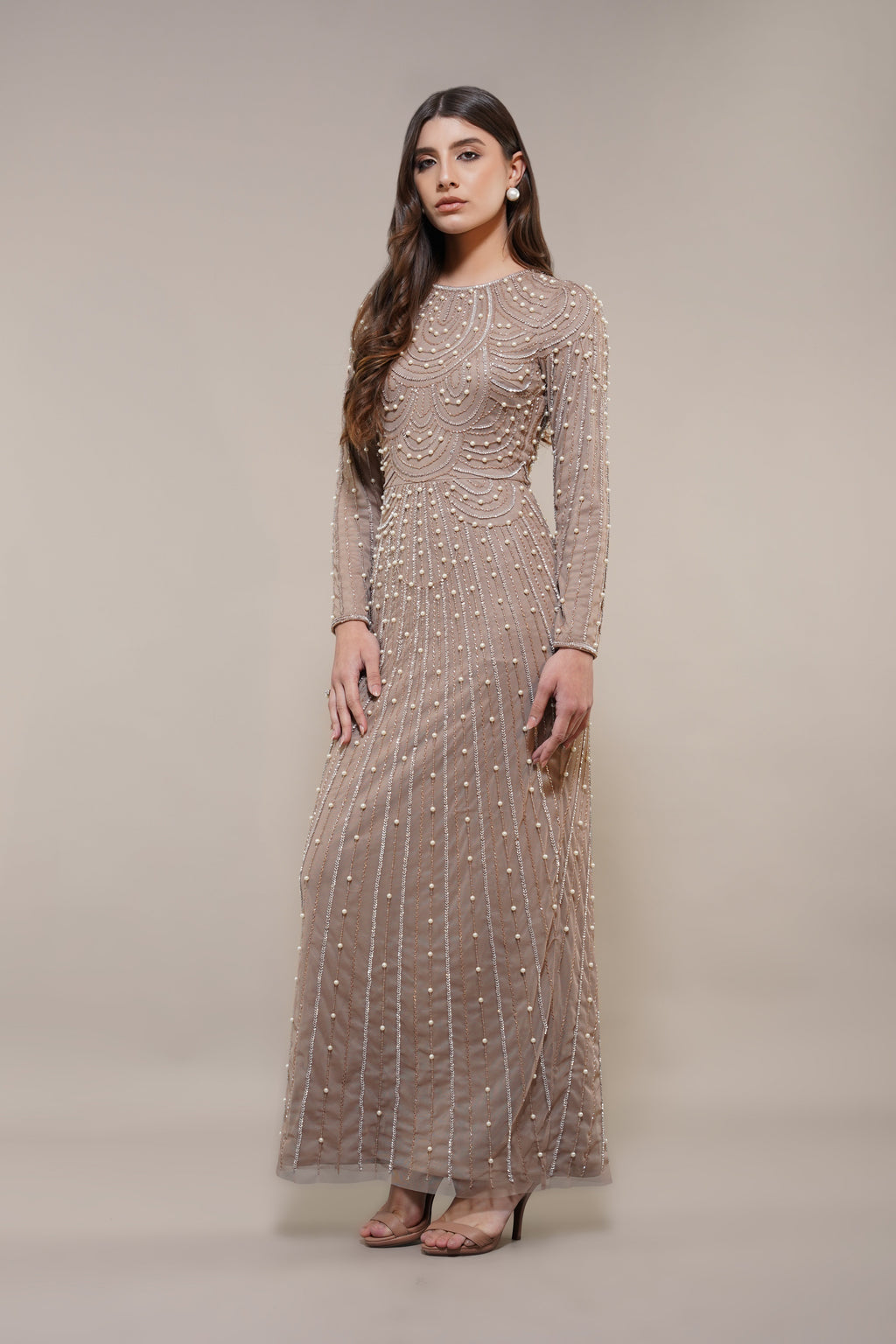 Mabel Embellished Maxi Dress in Taupe