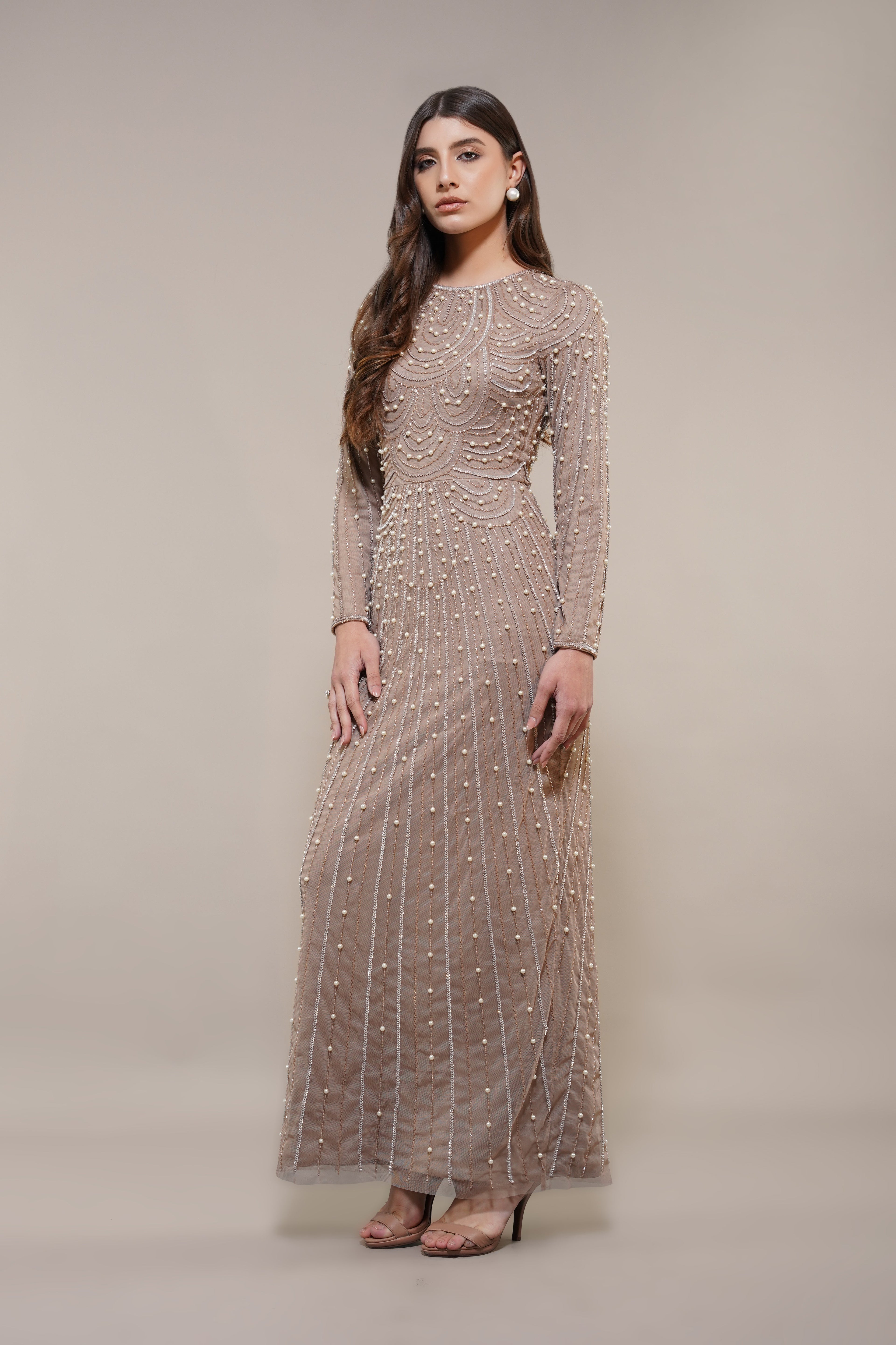 Mabel Embellished Maxi Dress in Taupe