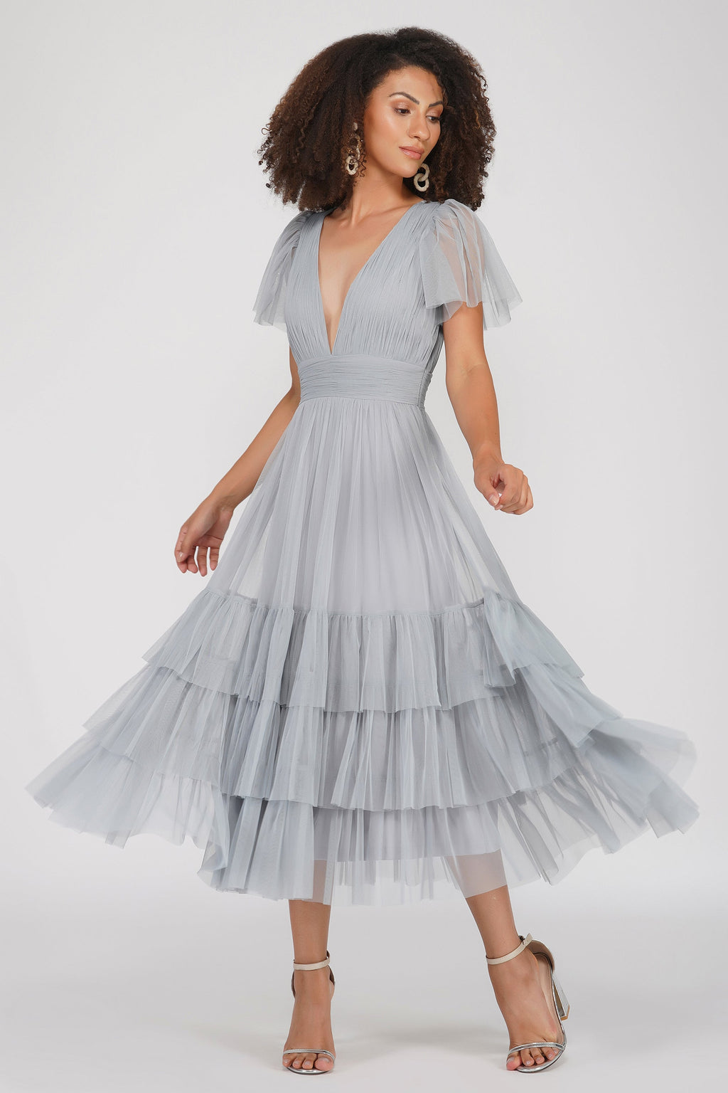 Madison Tulle Midi Dress in Grey