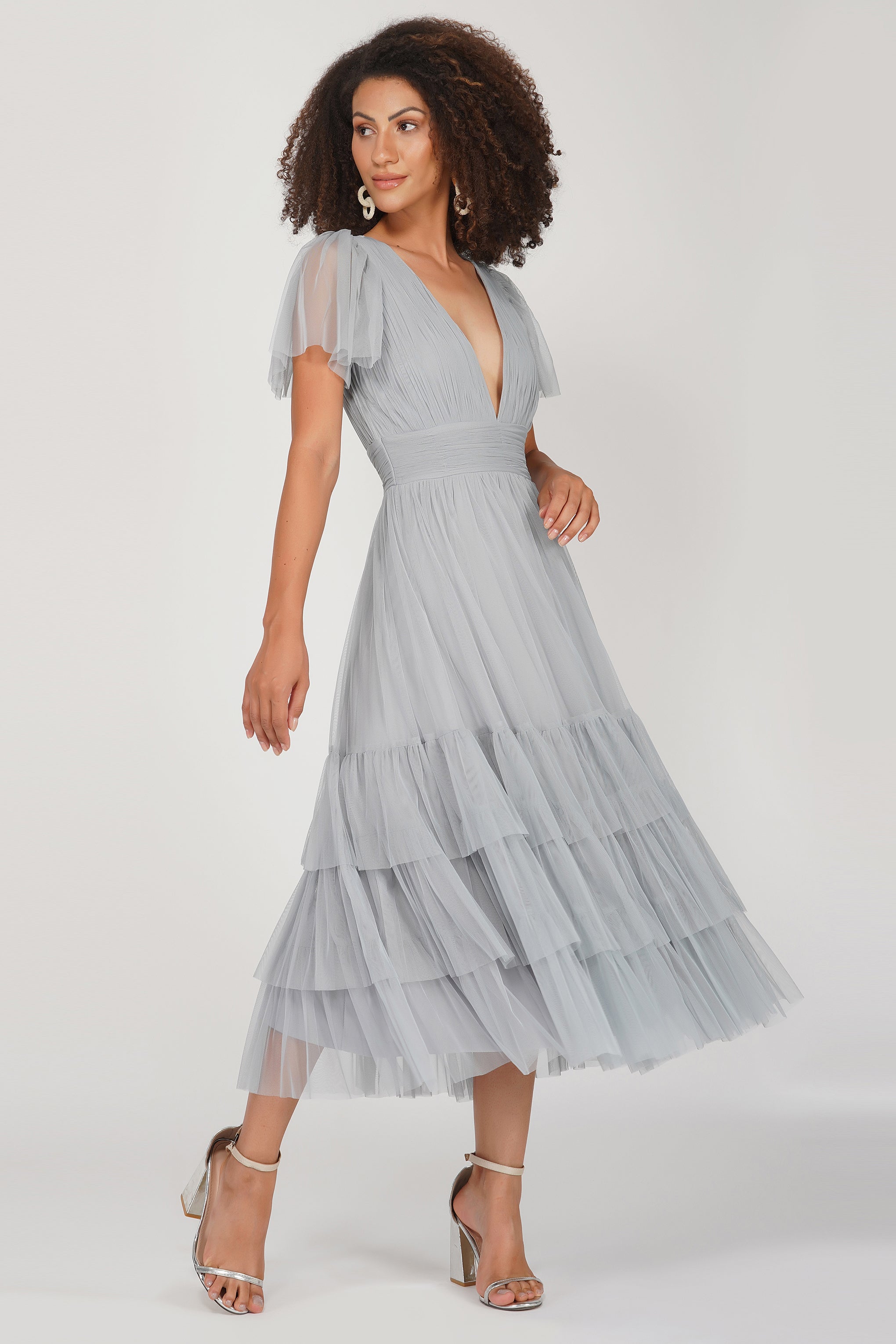 Madison Tulle Midi Dress in Grey